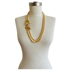 Vintage Imitation Pearl Double Strand Leaf Rhinestone Necklace & Belt by Celebrity NY