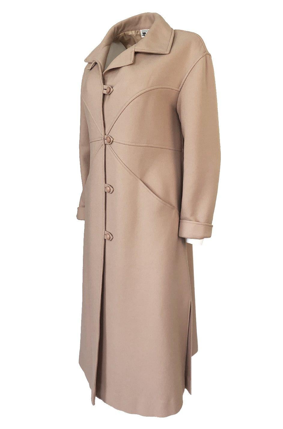 Immaculate 1960s Courreges Unusually Seamed Camel Toggle Coat In Excellent Condition In Rockwood, ON