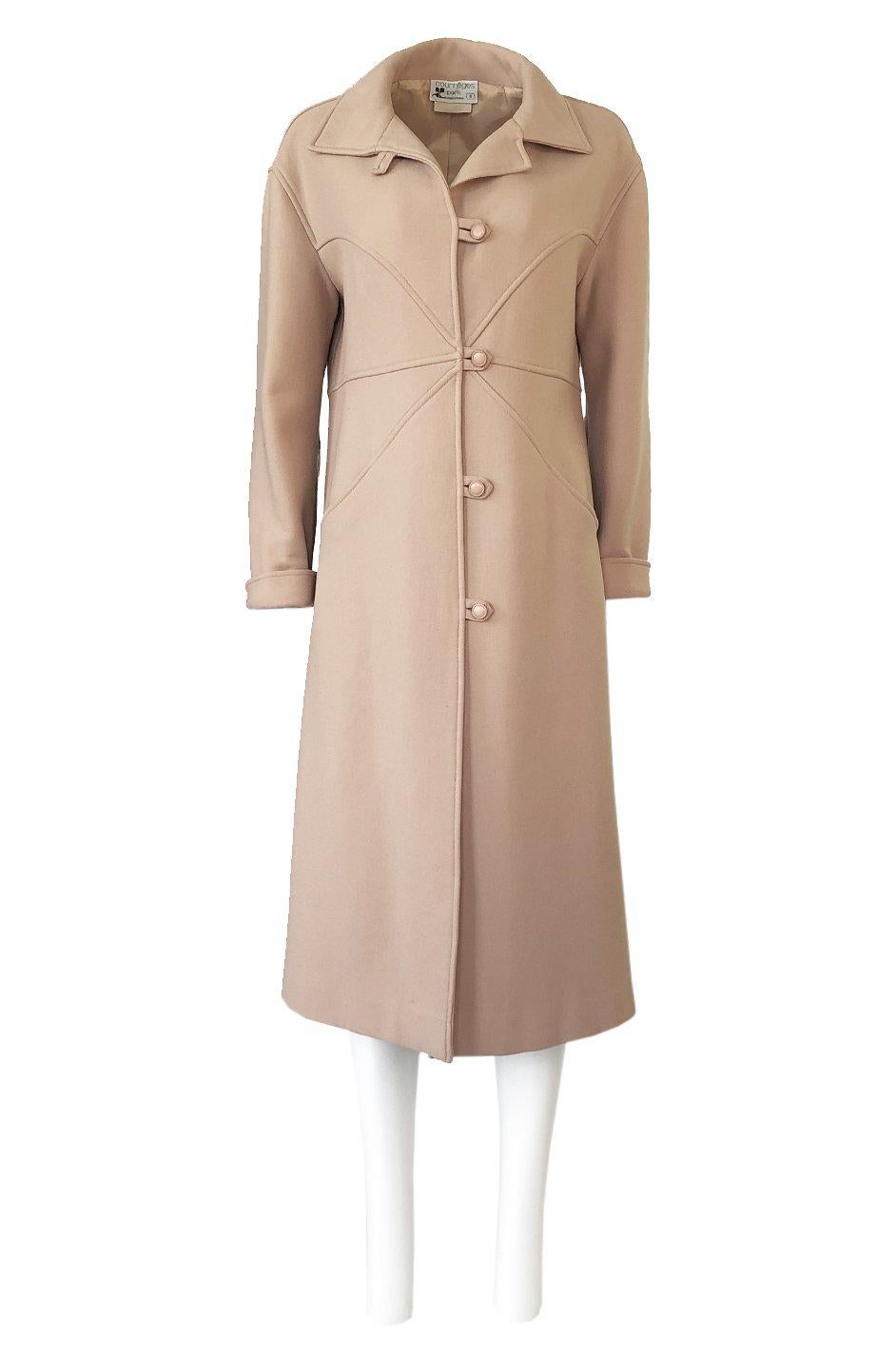 Immaculate 1960s Courreges Unusually Seamed Camel Toggle Coat 1