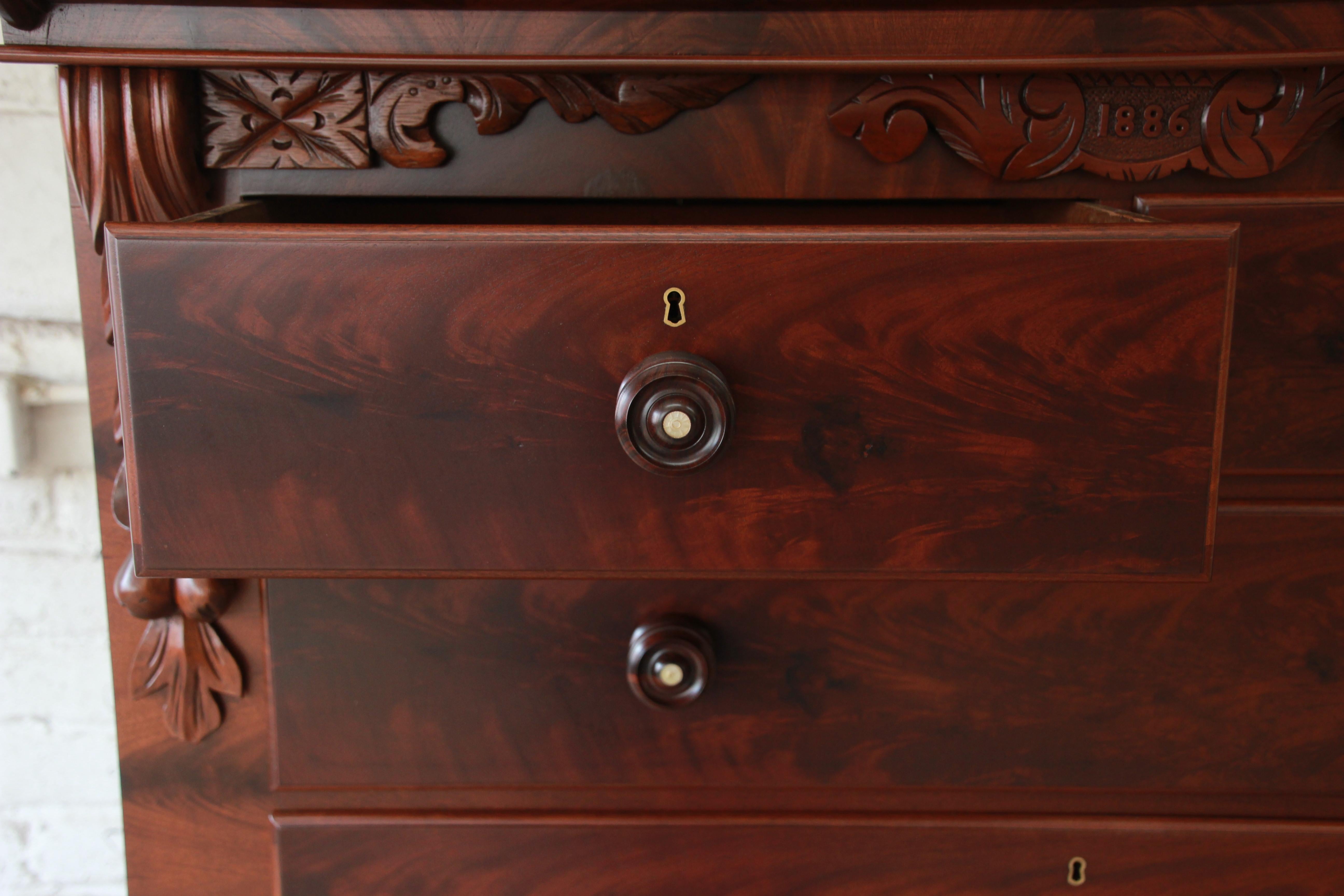 Immaculate American Empire Flame Mahogany Highboy Chest of Drawers, Dated 1886 3