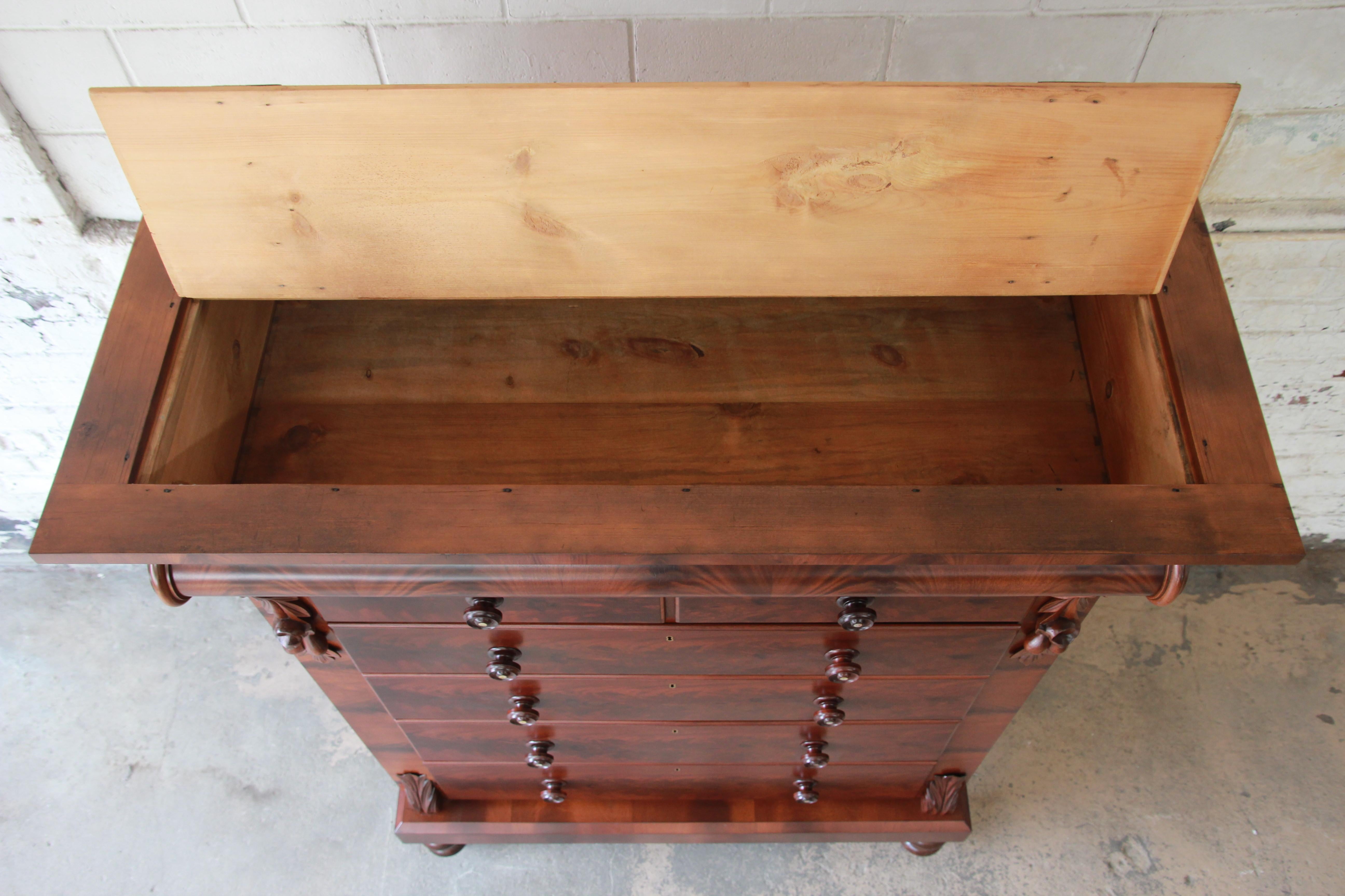 Immaculate American Empire Flame Mahogany Highboy Chest of Drawers, Dated 1886 7