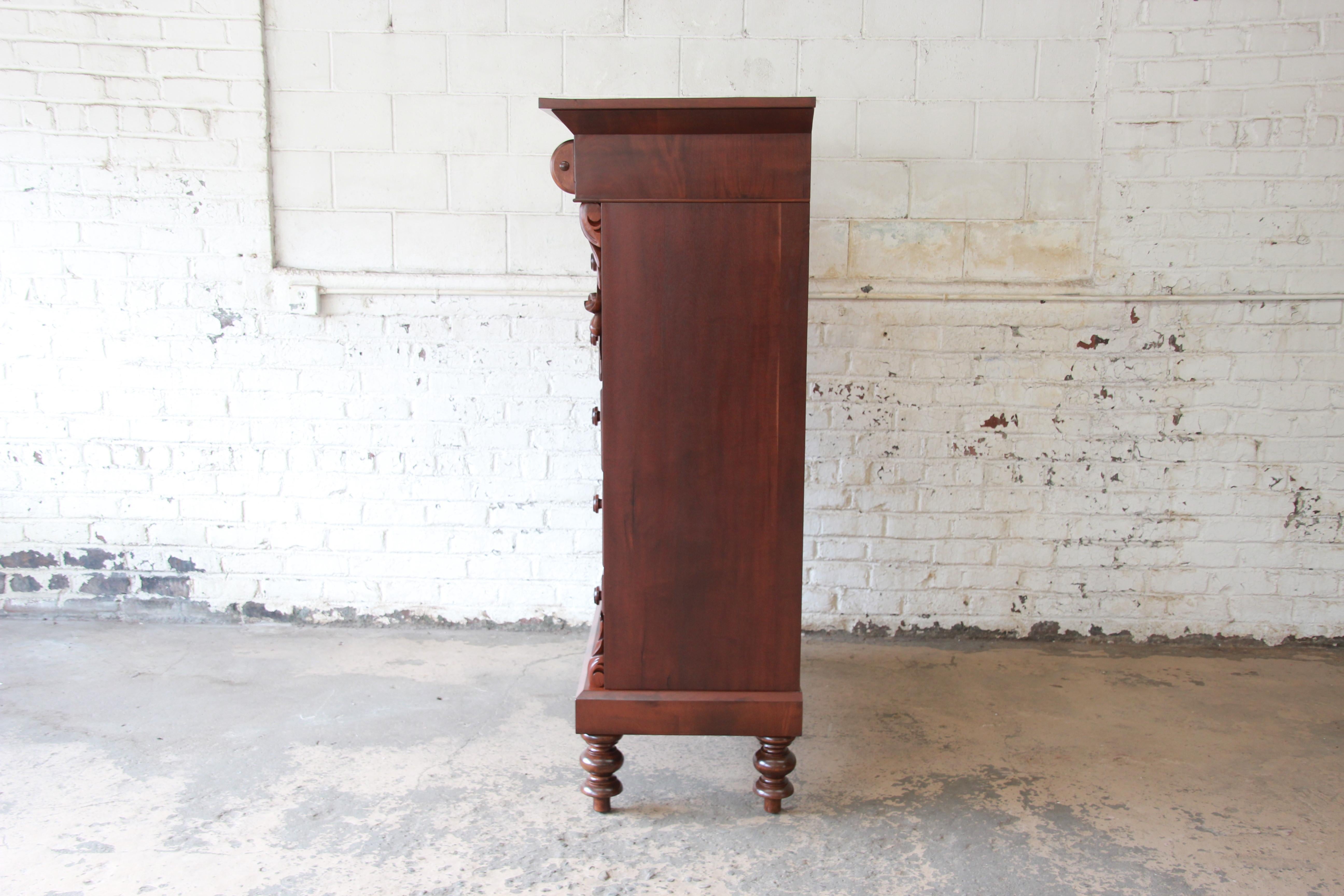 Immaculate American Empire Flame Mahogany Highboy Chest of Drawers, Dated 1886 8