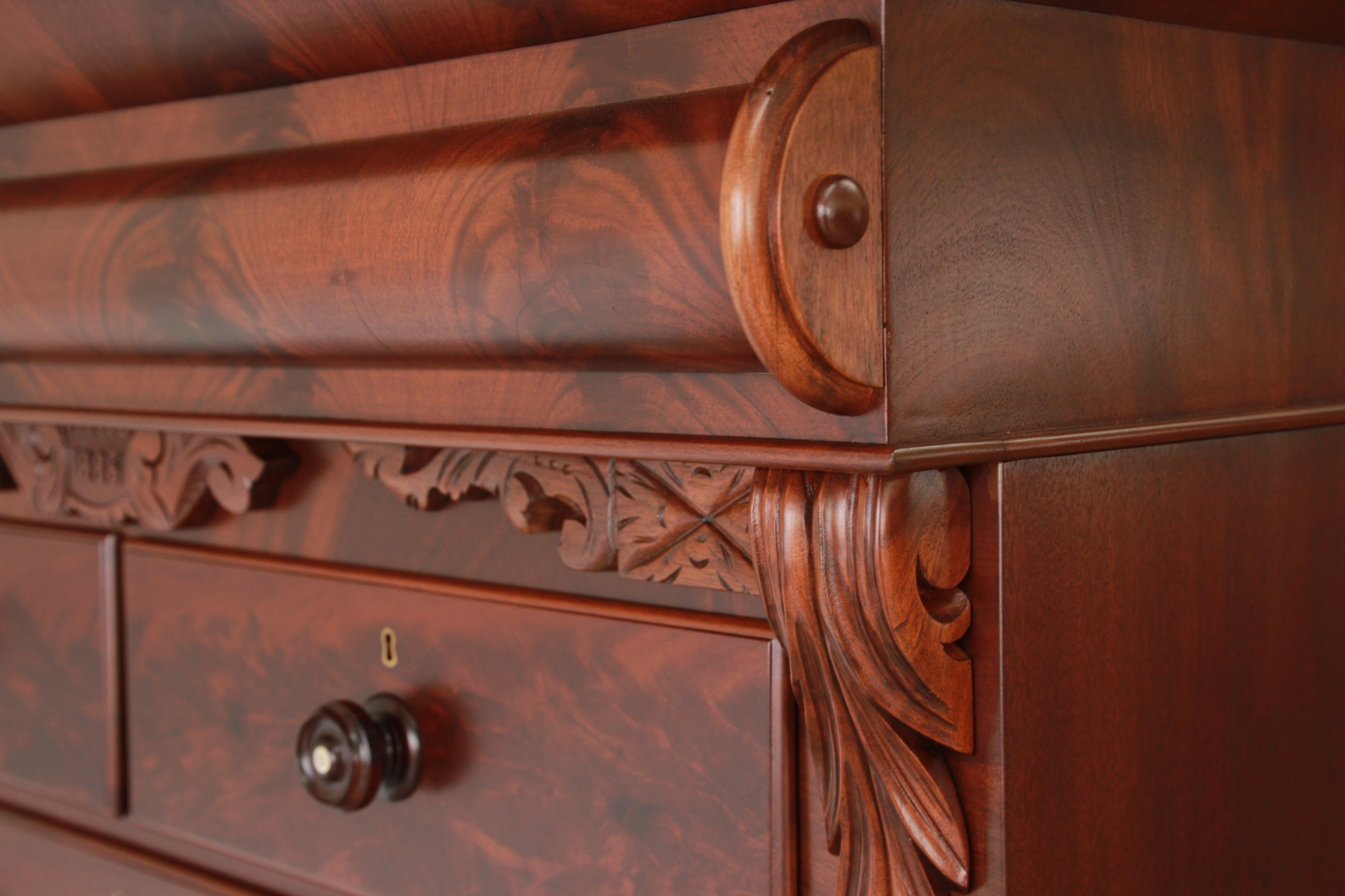Immaculate American Empire Flame Mahogany Highboy Chest of Drawers, Dated 1886 11