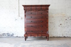 Immaculate American Empire Flame Mahogany Highboy Chest of Drawers, Dated 1886