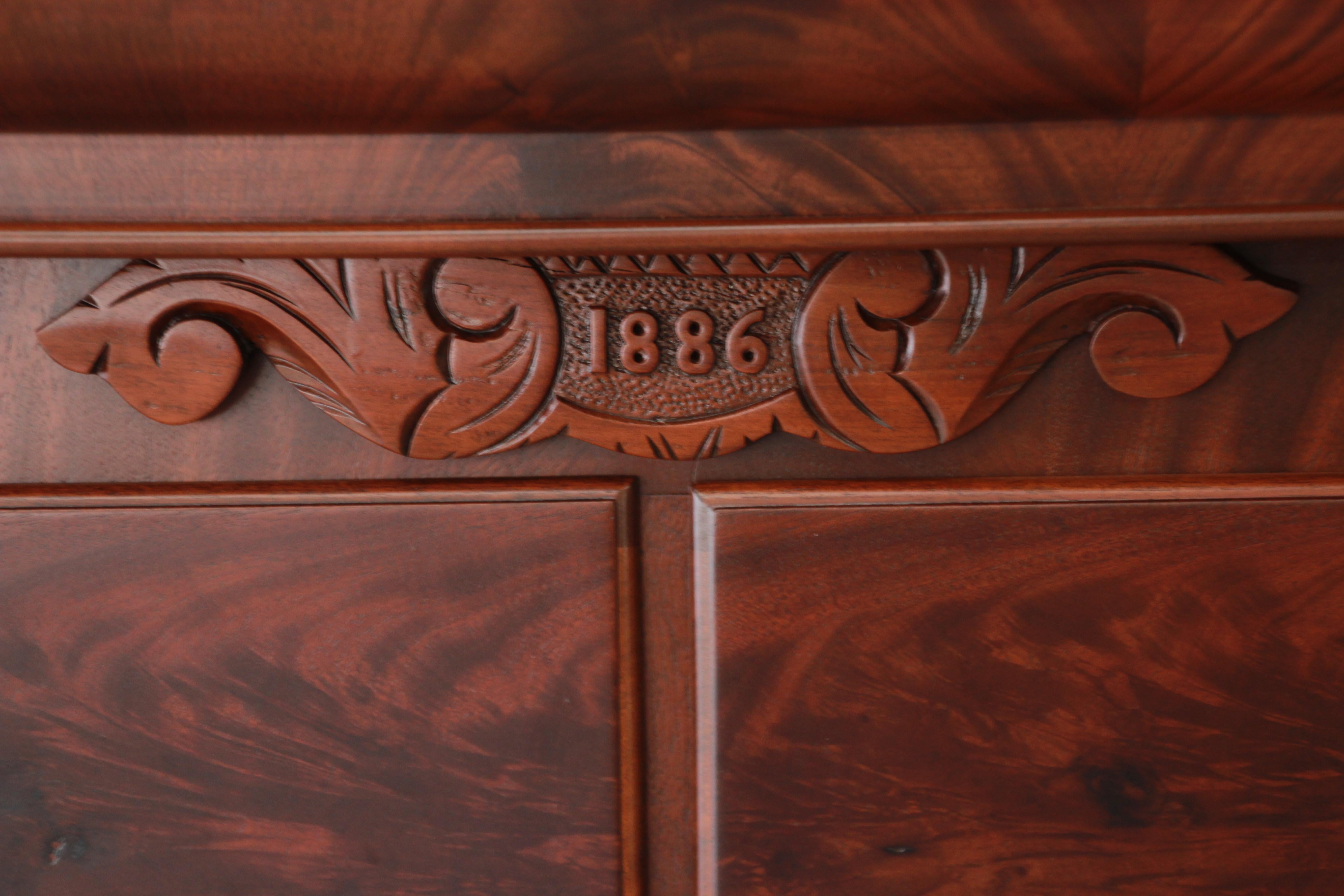 Immaculate American Empire Flame Mahogany Highboy Chest of Drawers, Dated 1886 In Good Condition In South Bend, IN