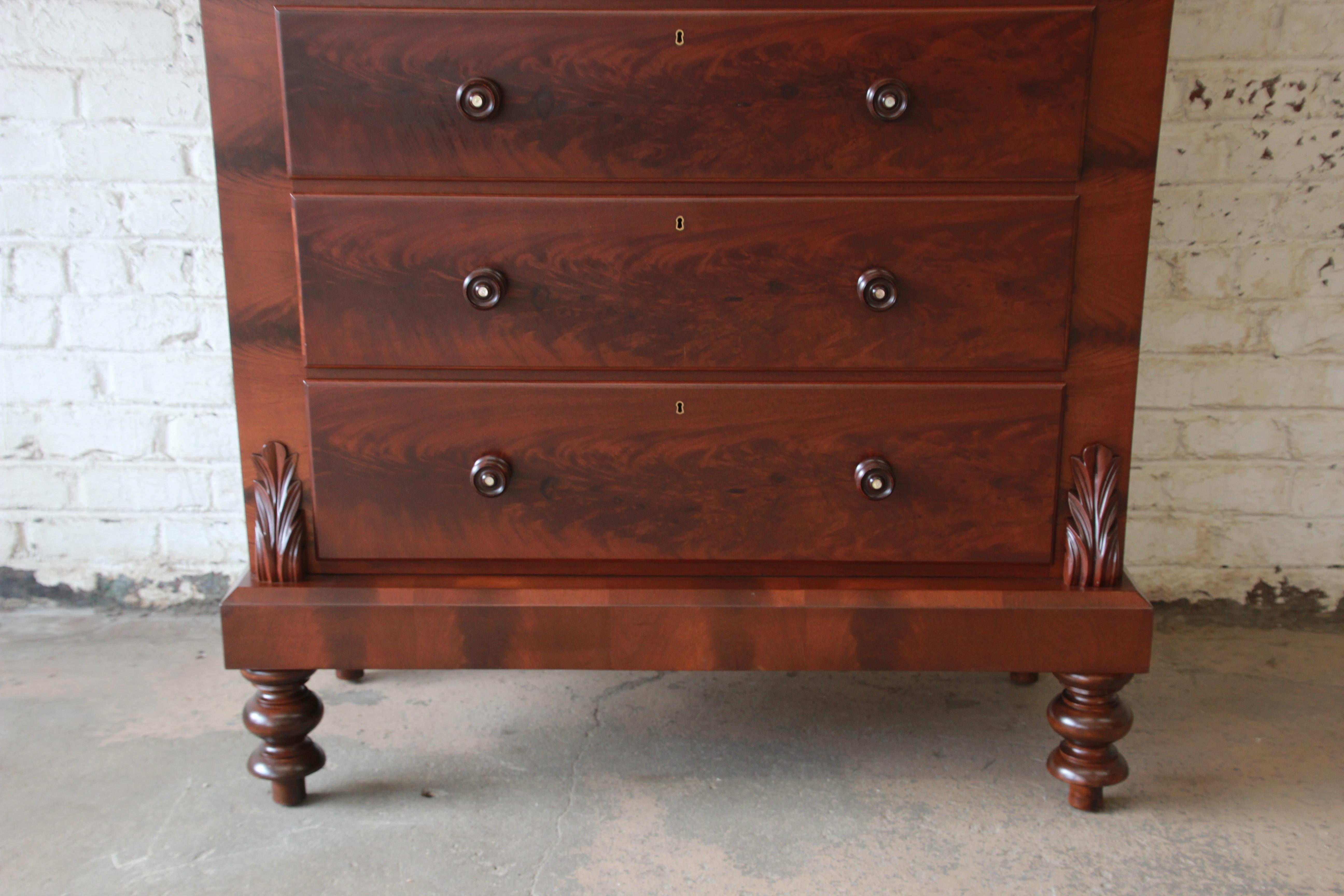 Immaculate American Empire Flame Mahogany Highboy Chest of Drawers, Dated 1886 1