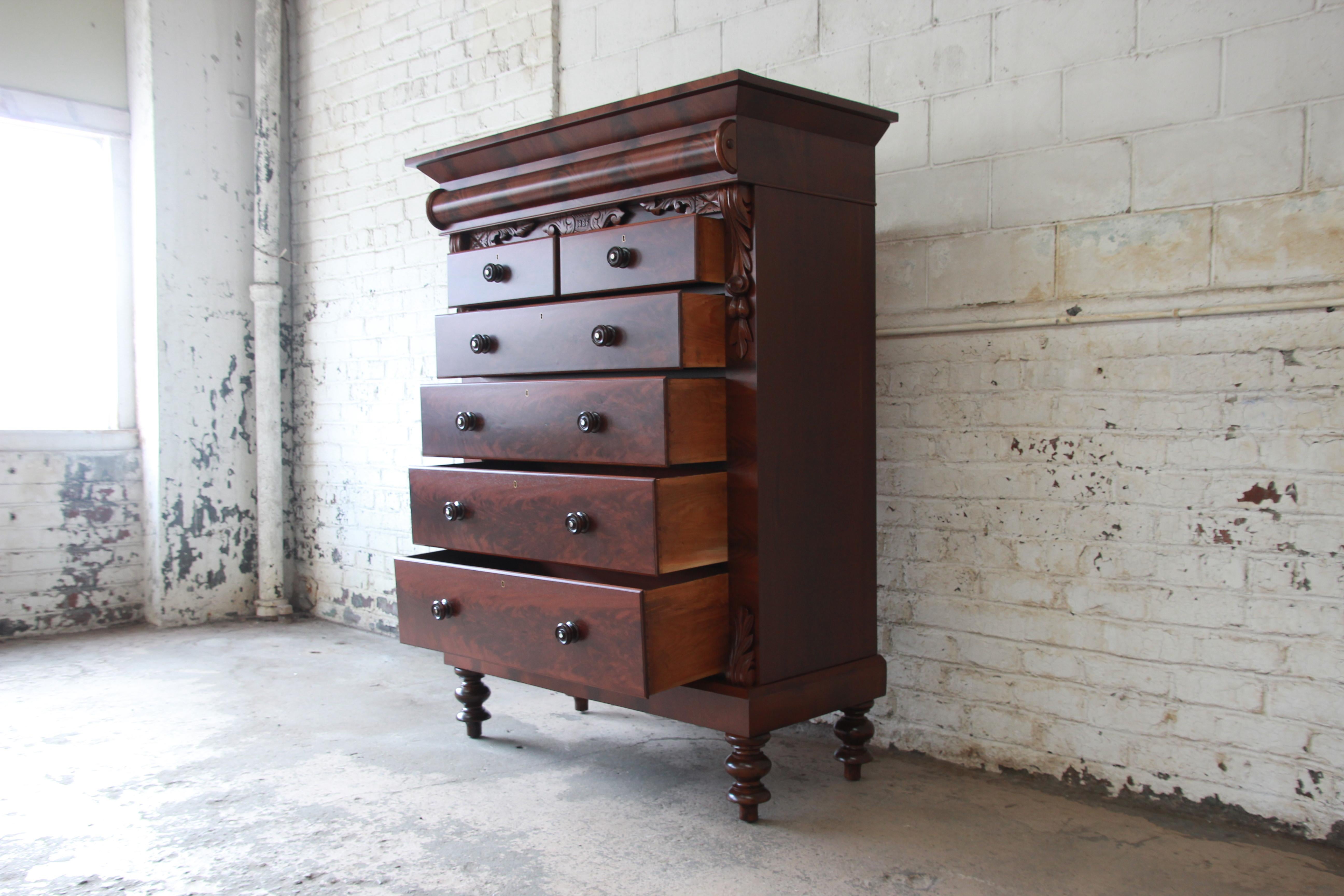 Immaculate American Empire Flame Mahogany Highboy Chest of Drawers, Dated 1886 2