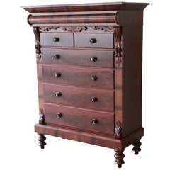 Immaculate American Empire Flame Mahogany Highboy Chest of Drawers, Dated 1886