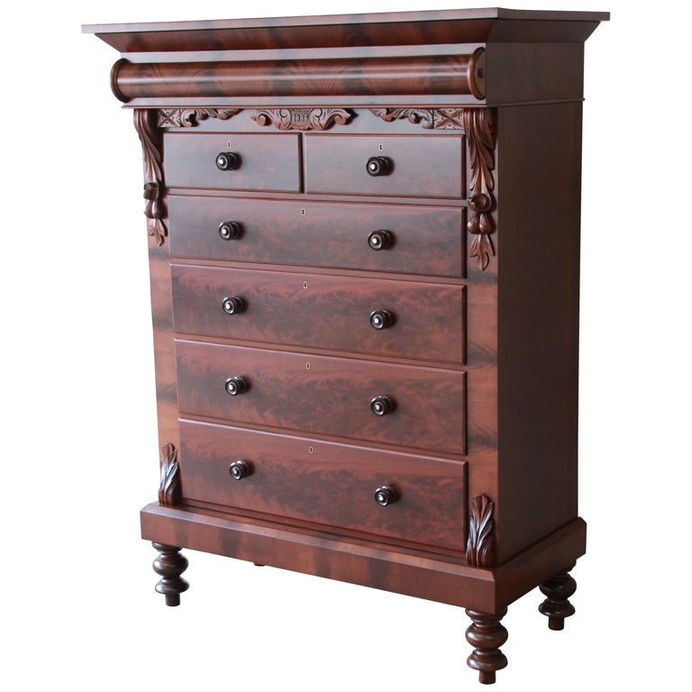 Immaculate American Empire Flame Mahogany Highboy Chest Of Drawers