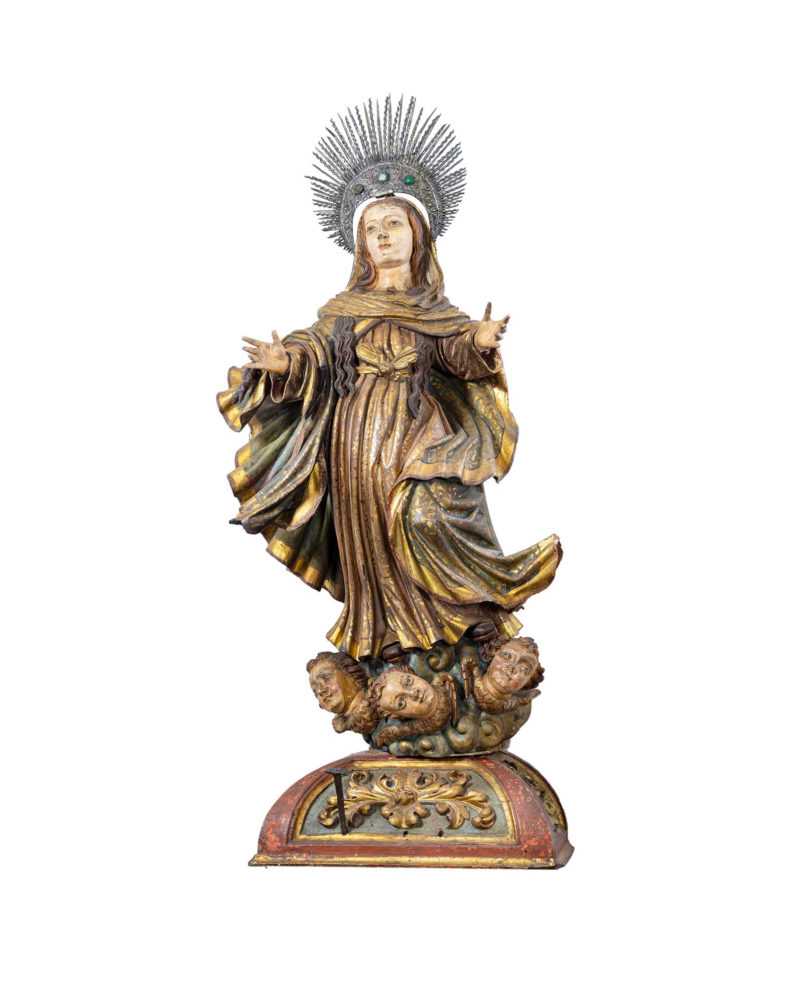 A rare and unique baroque Spanish sculpture of the Immaculate Conception in polychromed chestnut carving wood and a silver crown, with a original wooden podium, representing a 18th century scene of the iconography of the Immaculate Virgin to praise