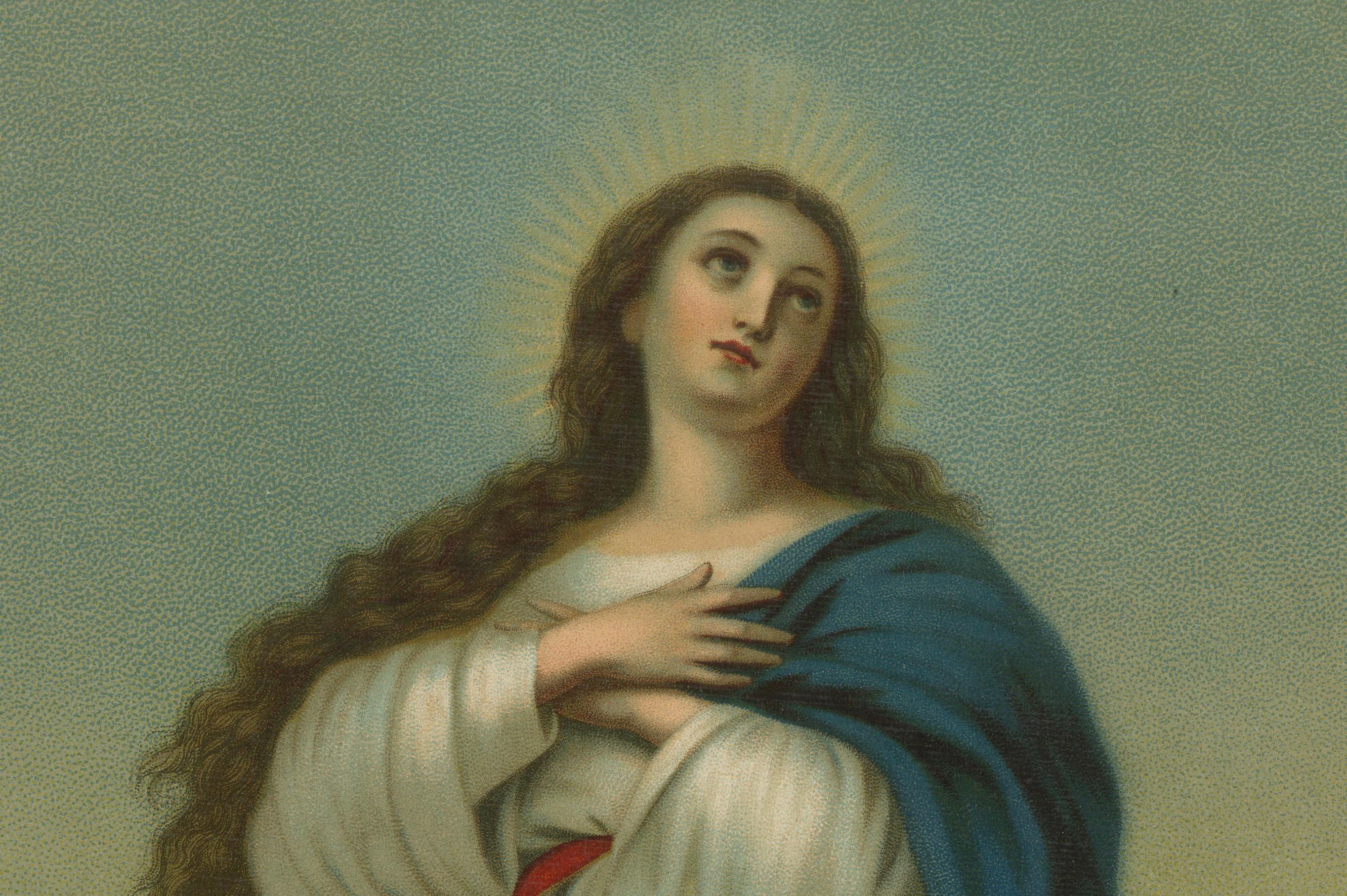 Immaculate Conception, c.1900 German Devotional Chromolithograph 

This beautiful early 20th-century German chromolithograph depicts the Immaculate Conception, one of the most beloved subjects in Catholic devotional art. Printed around 1900–1915 by