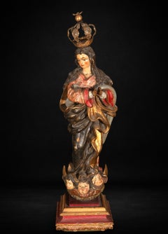 Immaculate Conception in polychrome wood with silver crown, Spanish School, 18th