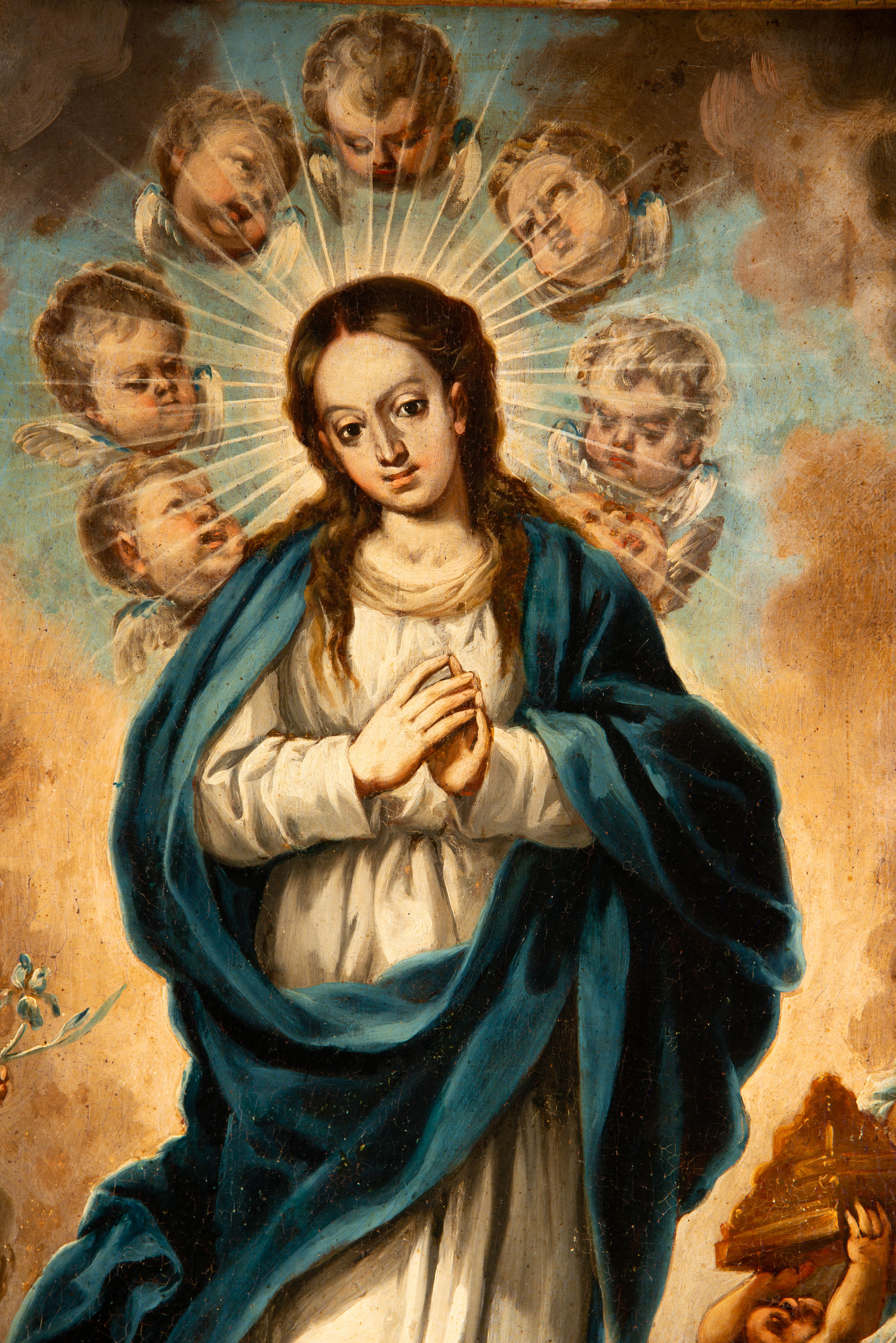 Immaculée Conception. Huile sur toile. École coloniale, 18e siècle. 
Huile sur toile représentant la Vierge Marie parmi des anges, dans un paysage et debout sur un croissant de lune, vêtue d'une tunique blanche et d'un manteau bleu, suivant