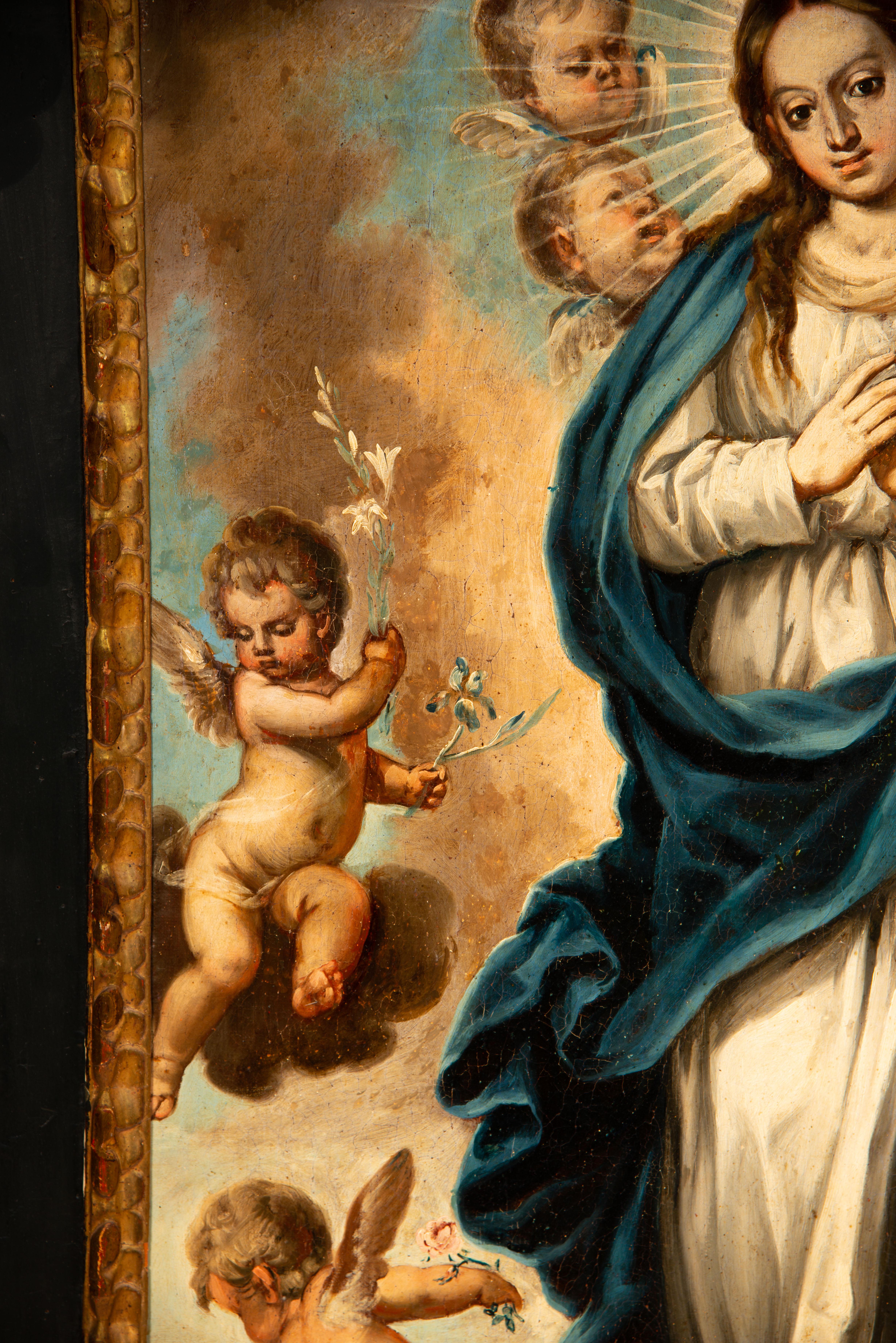 Néoclassique Immaculée Conception. Huile sur toile. École coloniale, 18e siècle. en vente