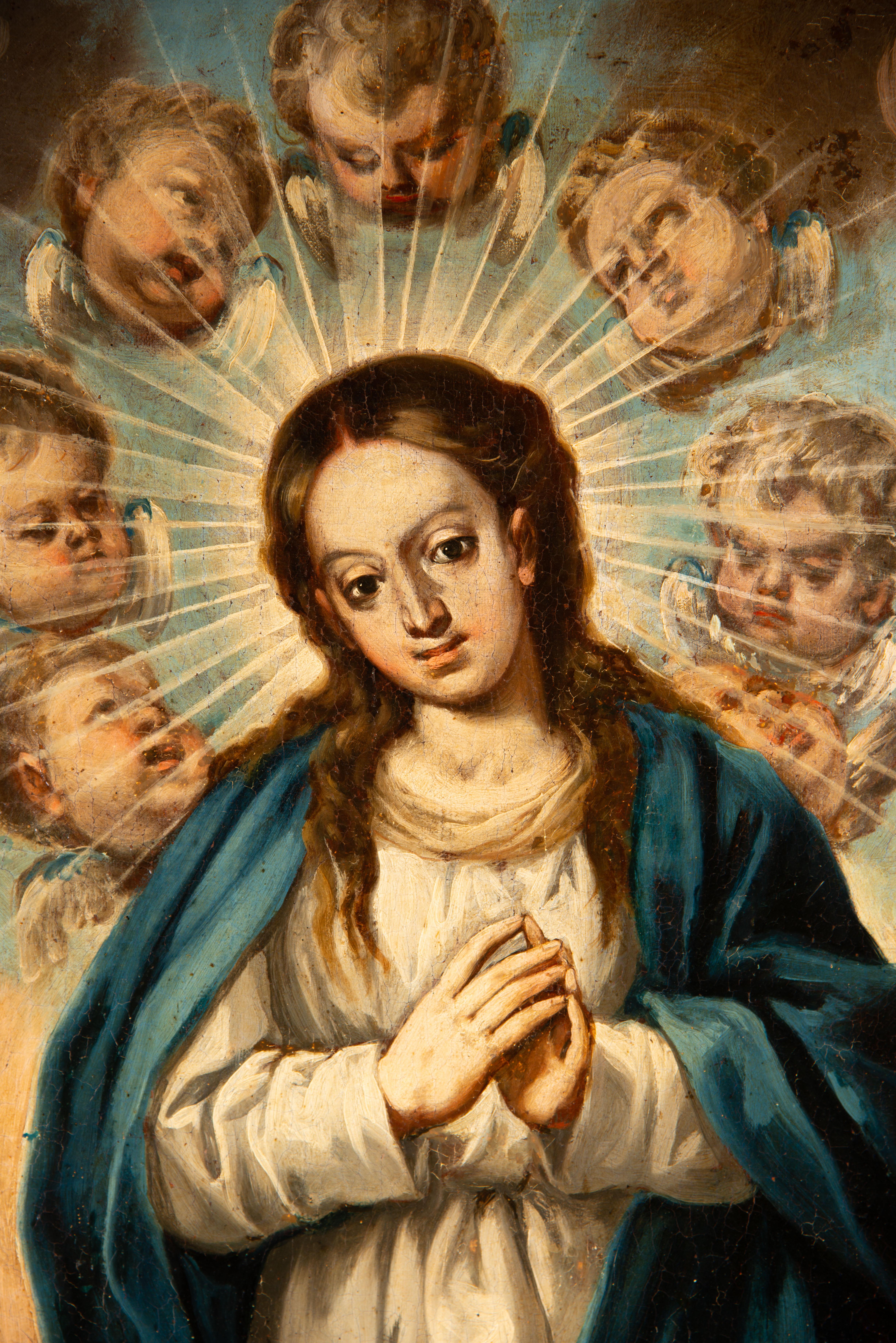 Immaculée Conception. Huile sur toile. École coloniale, 18e siècle. État moyen - En vente à Madrid, ES
