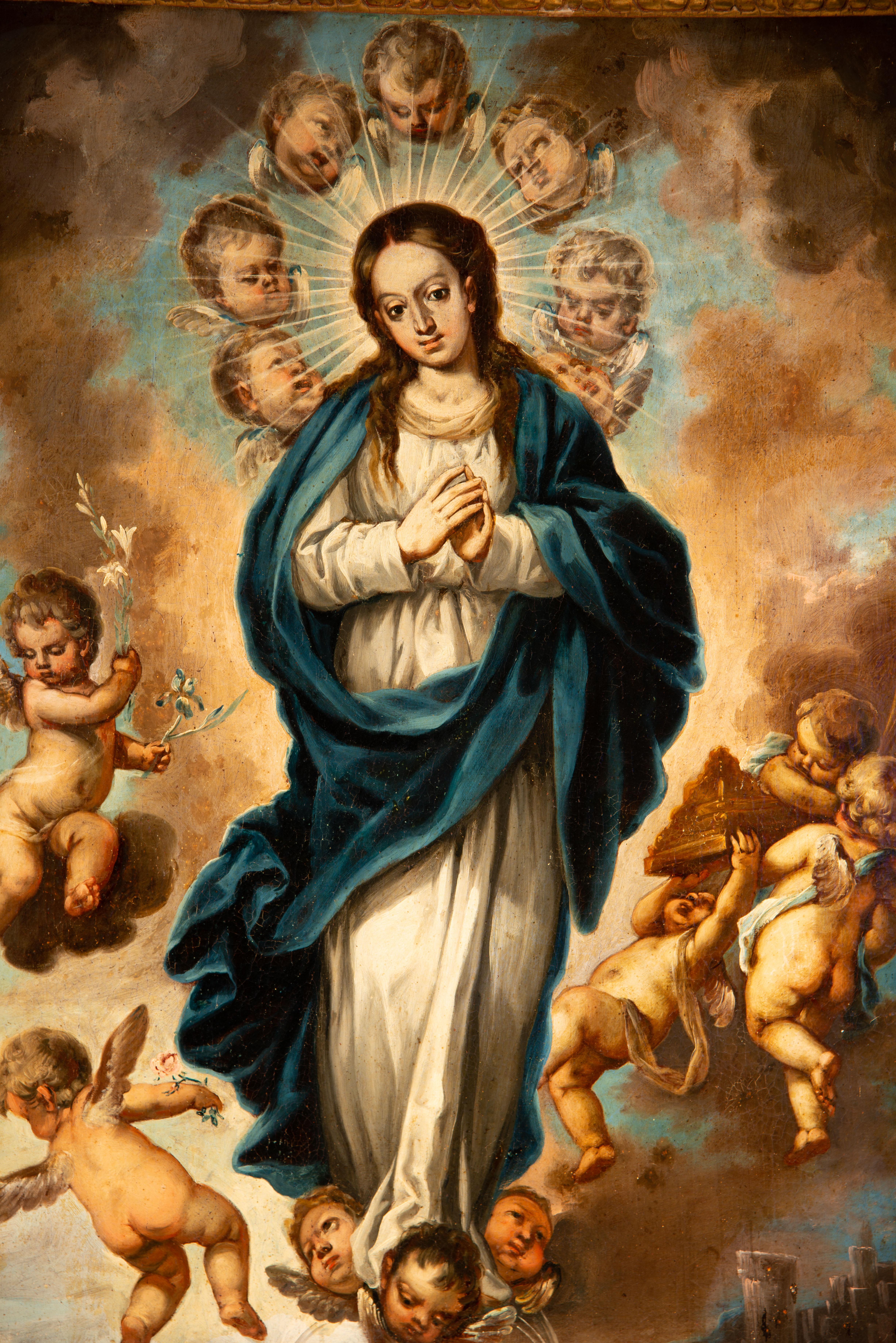 Immaculée Conception. Huile sur toile. École coloniale, 18e siècle. en vente 2