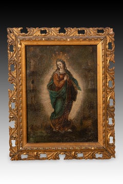 Immaculée Conception. Huile sur cuivre. École espagnole, 17e siècle ; cadre ultérieur.