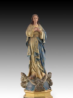 Immaculate Conception, Polychrome Wood, Glass Eyes, Portugal, 19th Century