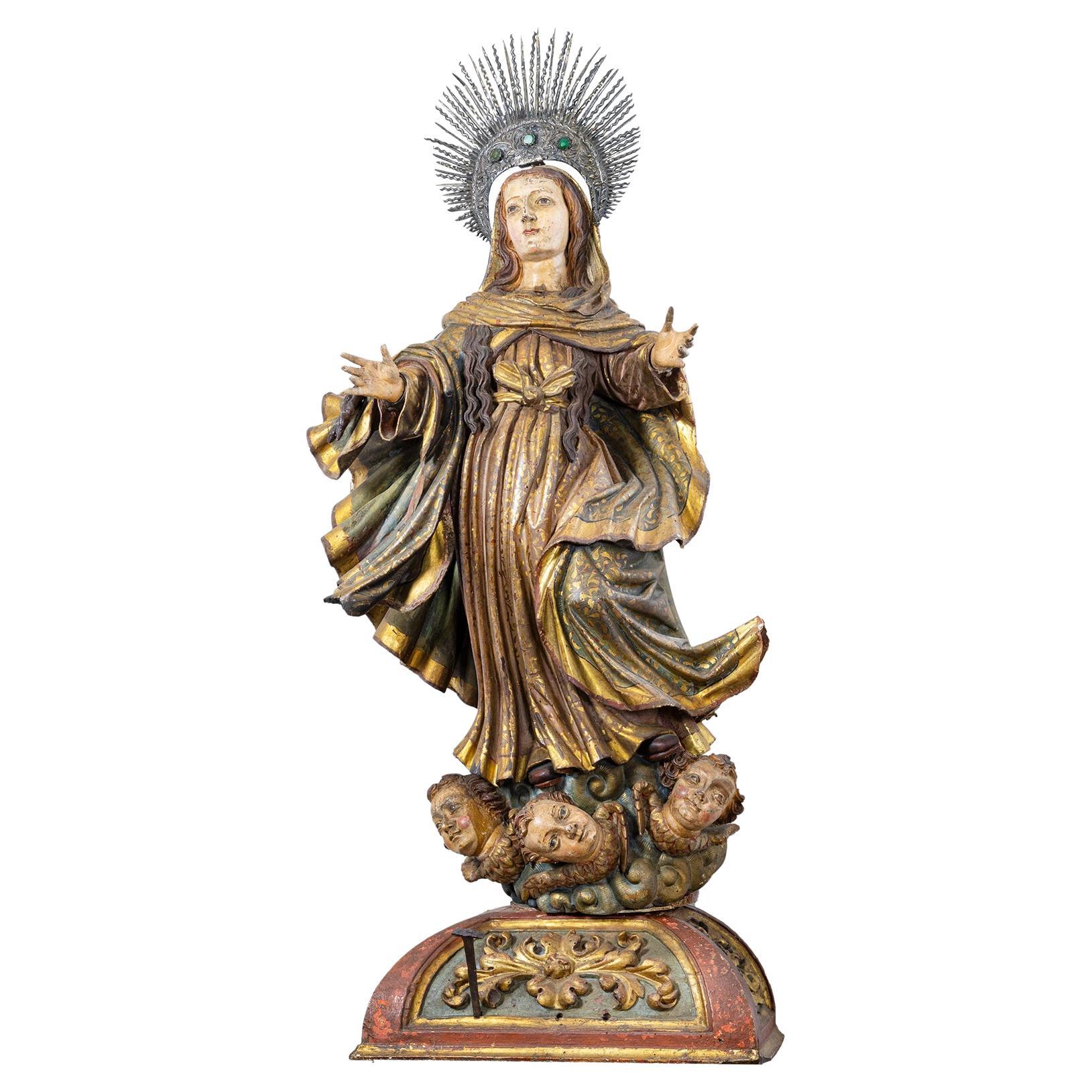 Immaculate Conception Religious Sculpture, Baroque, 18th Century For Sale