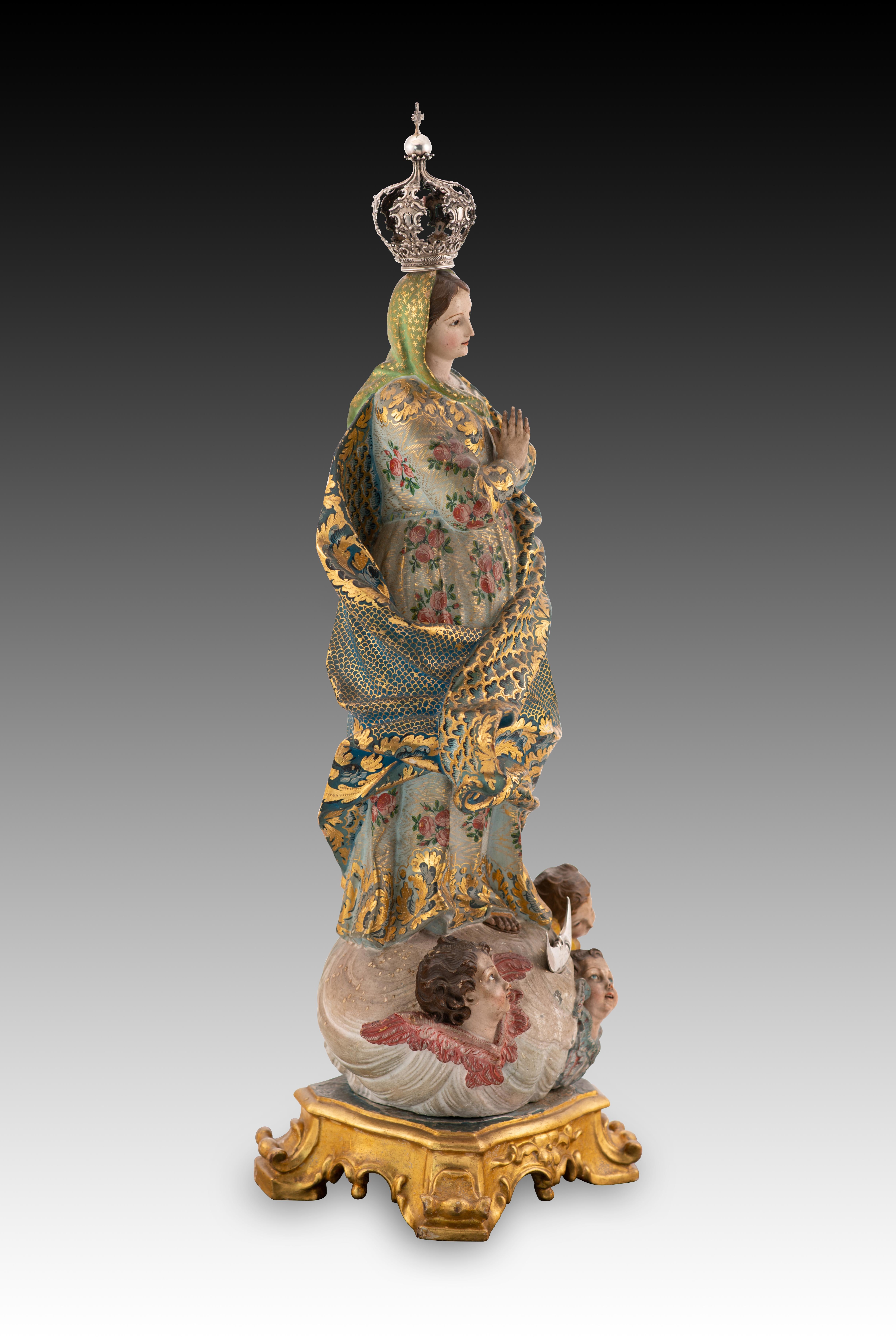 Rococo Immaculate Conception. Wood, glass, silver. Portuguese school, 18th century. For Sale