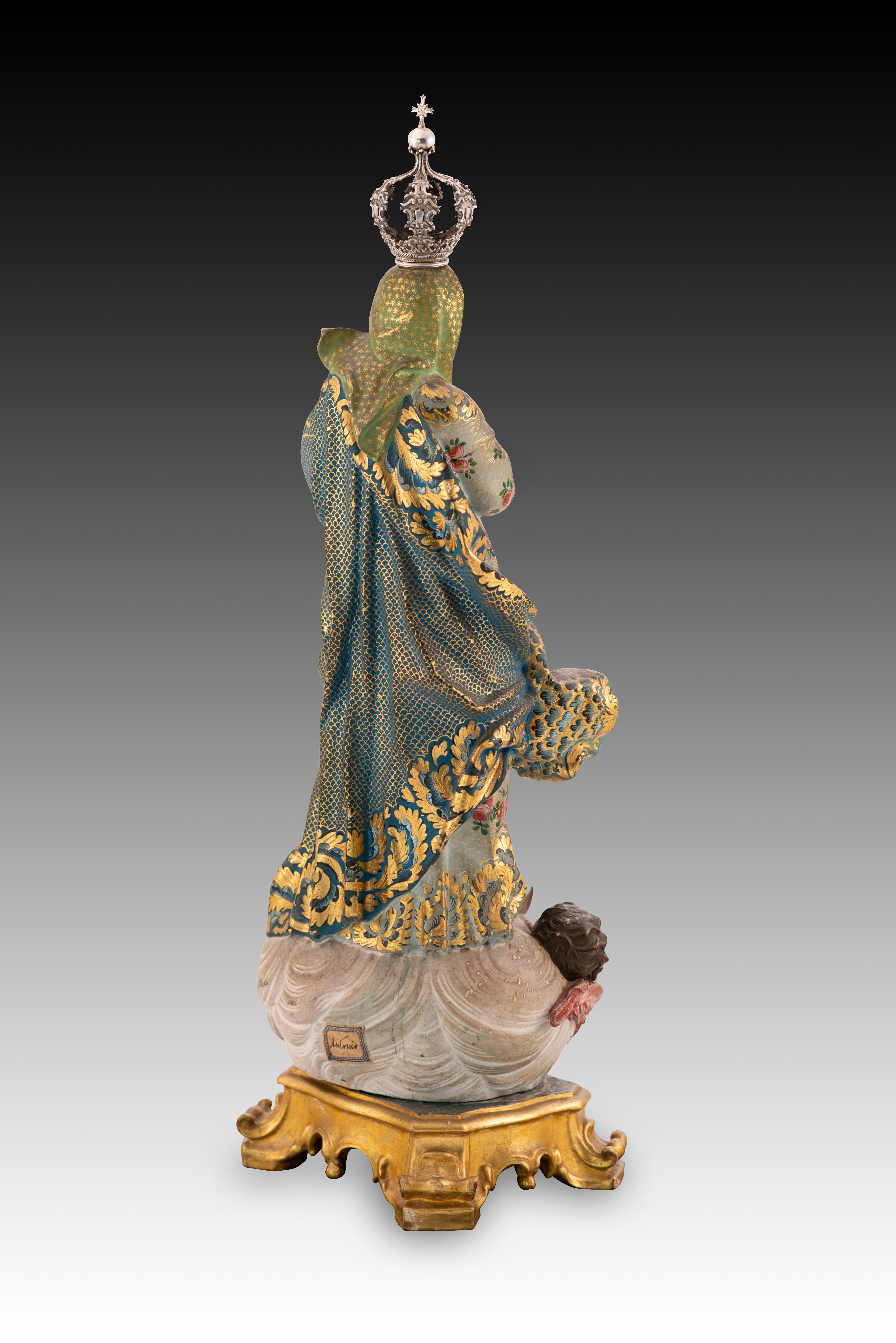 European Immaculate Conception. Wood, glass, silver. Portuguese school, 18th century. For Sale