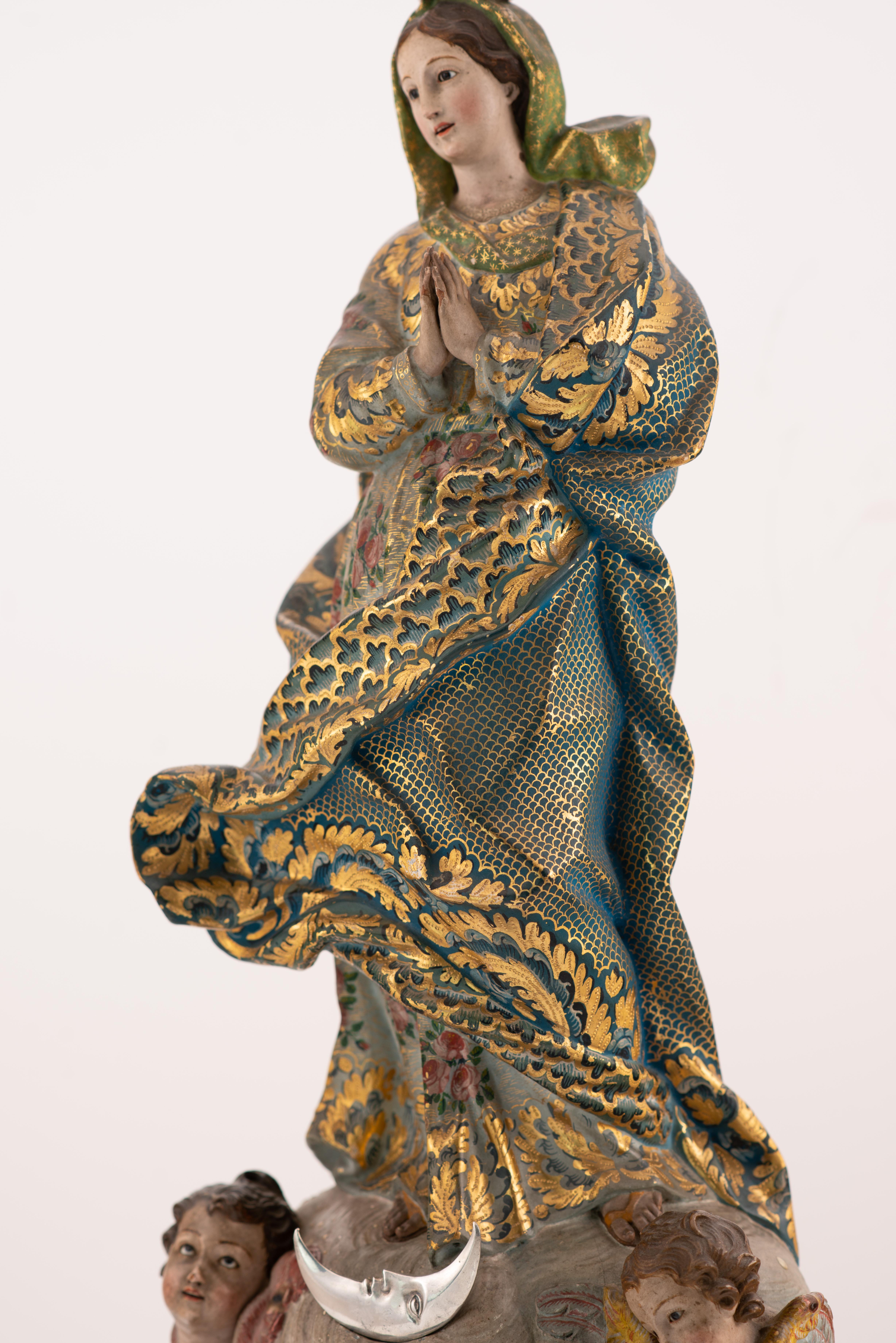 Silver Immaculate Conception. Wood, glass, silver. Portuguese school, 18th century. For Sale