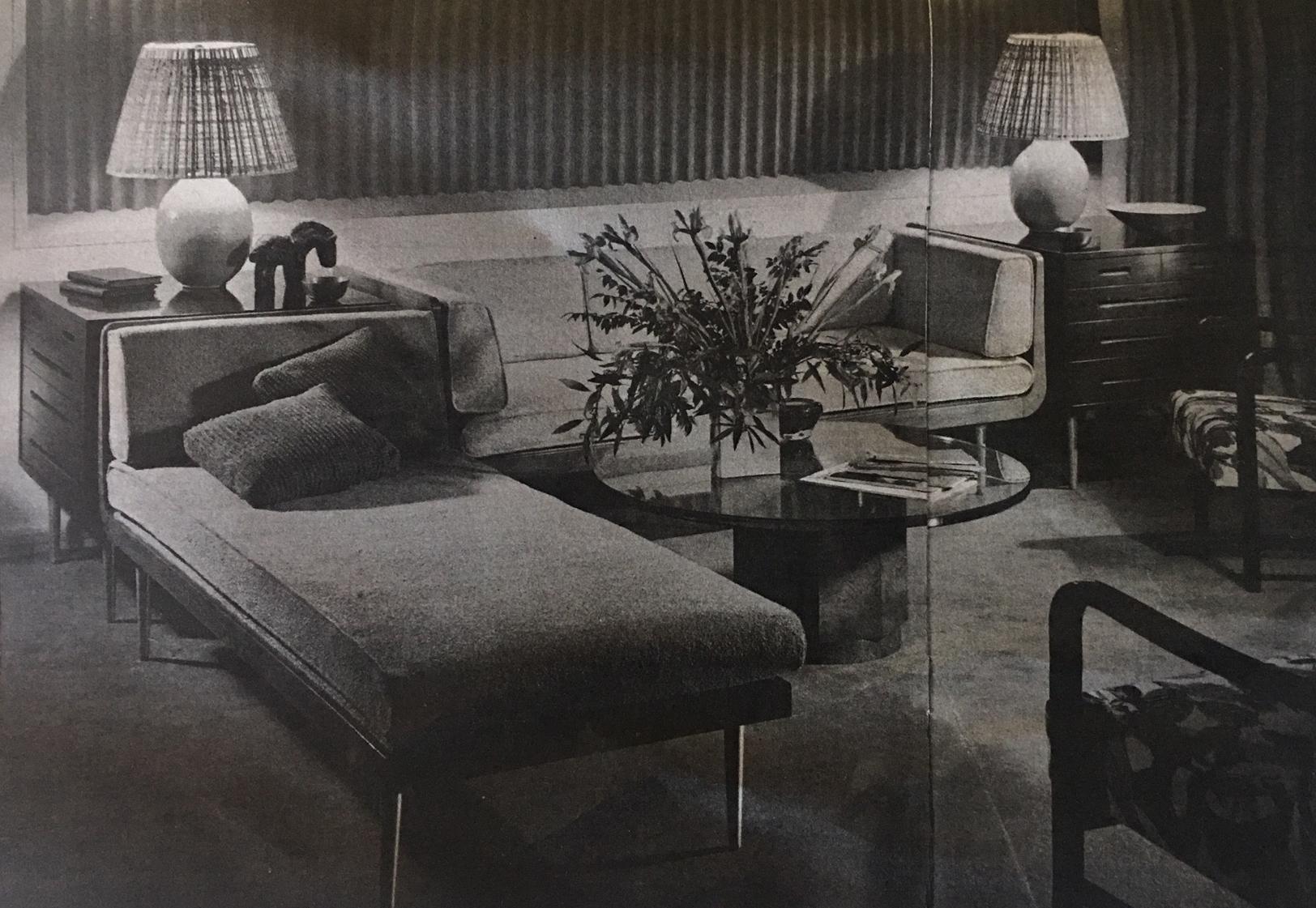 Dunbar, Edward Wormley, USA, Model 4478 table, New World Group, Enduring Modern collection Series. Linen White Lacquer over mahogany circa 1949, 
30 1/8