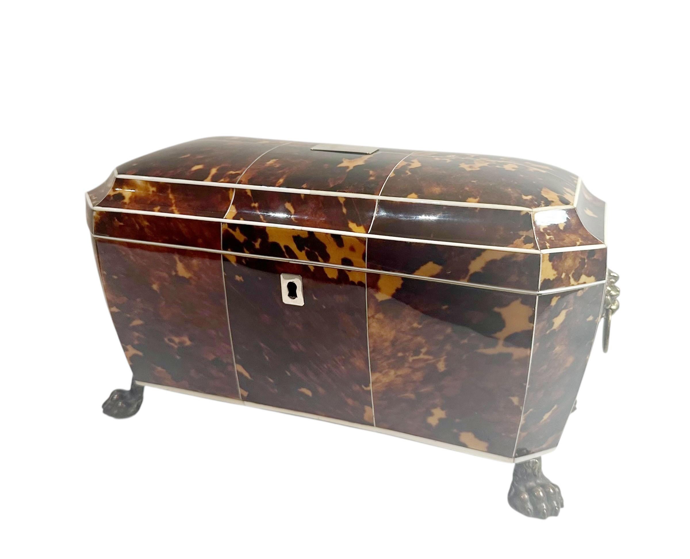 An immaculate and elegant survivor from 18th century England, this exceptional tortoiseshell tea caddy showcases fine craftsmanship and exquisite materials. The caddy features sterling silver trim where a monogram was never added, silver plated