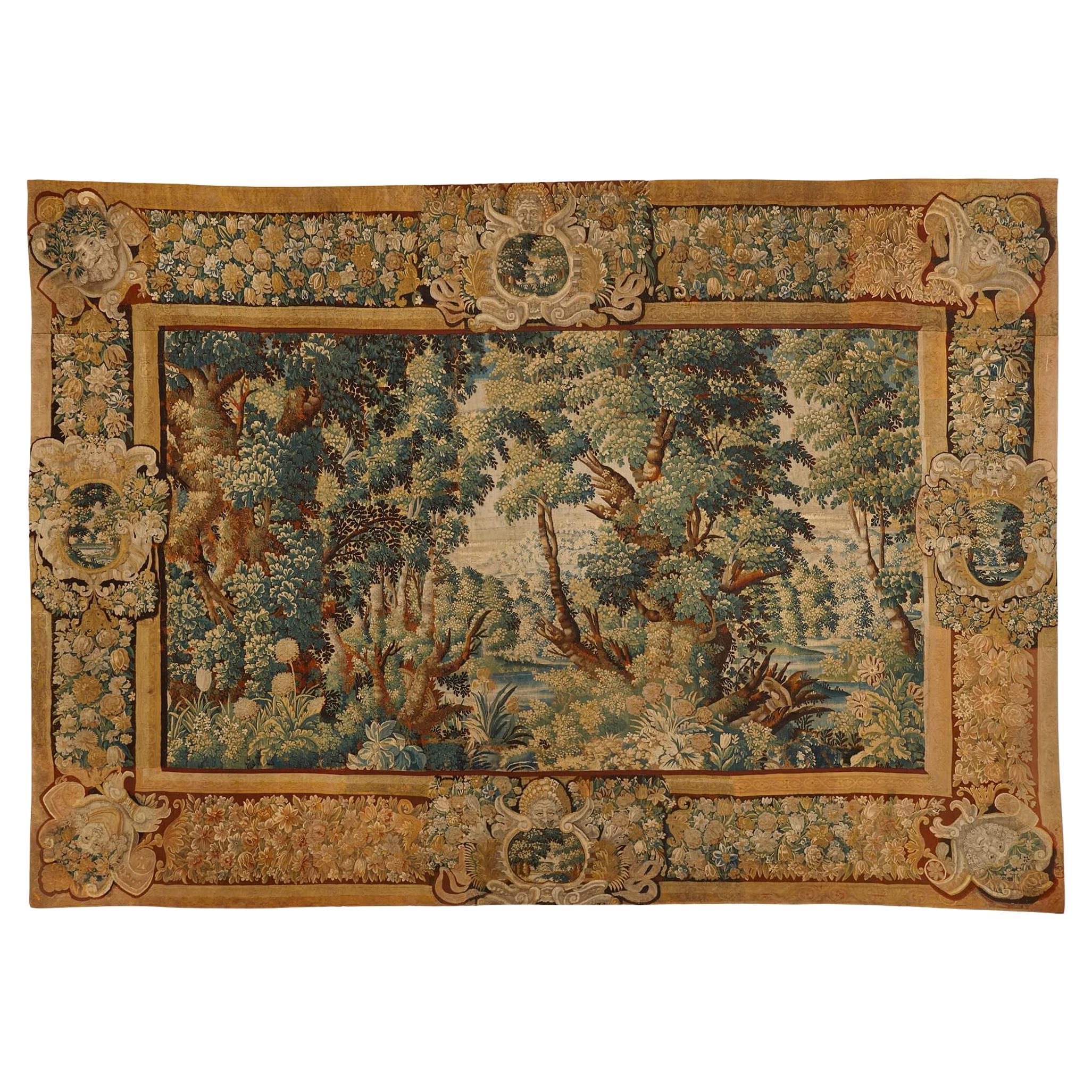 Imposante Flemish Wool Verdure Tapisserie aus dem 17. im Angebot