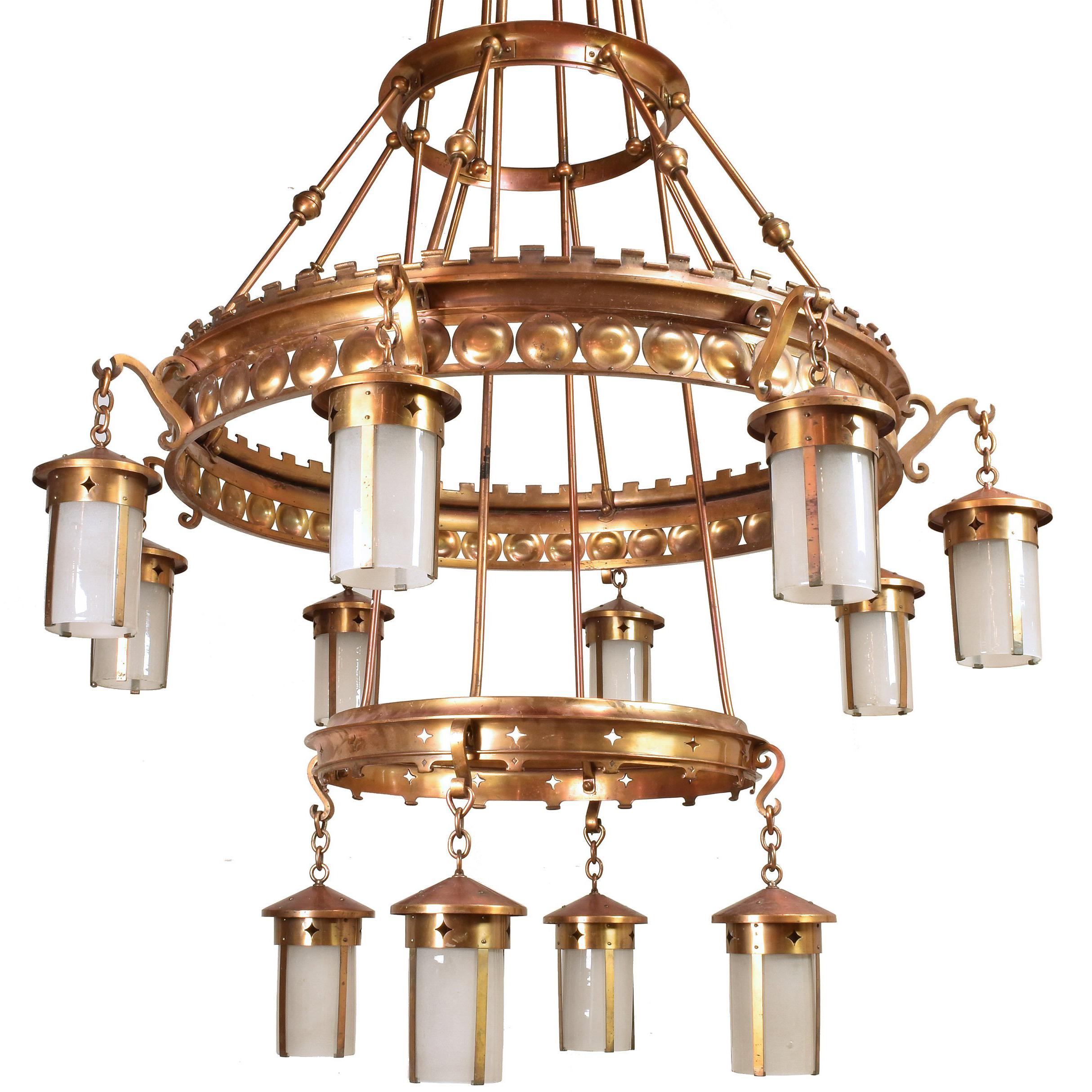 Immense Arts & Crafts Twelve Lantern Chandelier