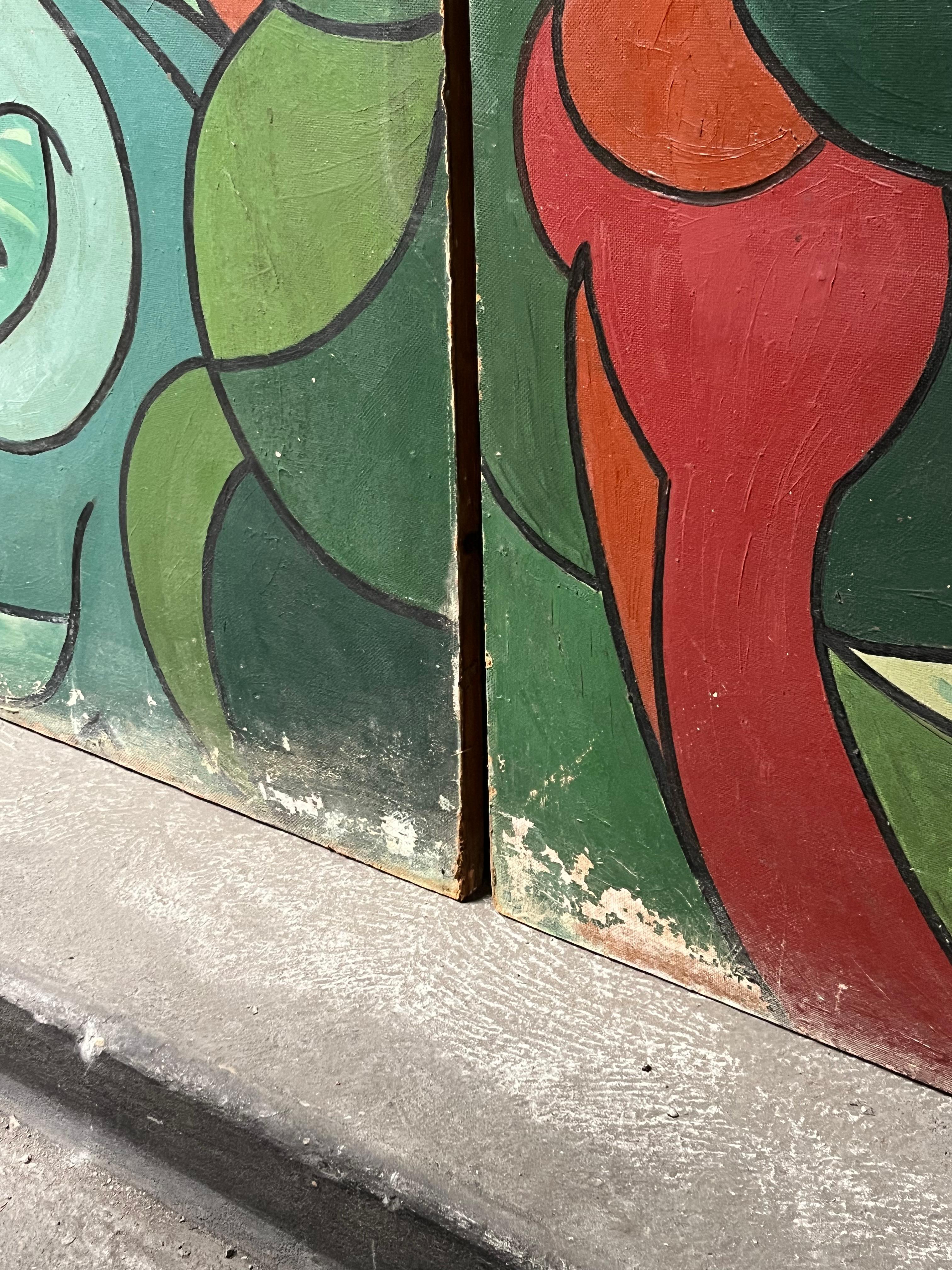 Immense diptyque 1959 huile sur panneau signé im Zustand „Relativ gut“ im Angebot in LYON, FR