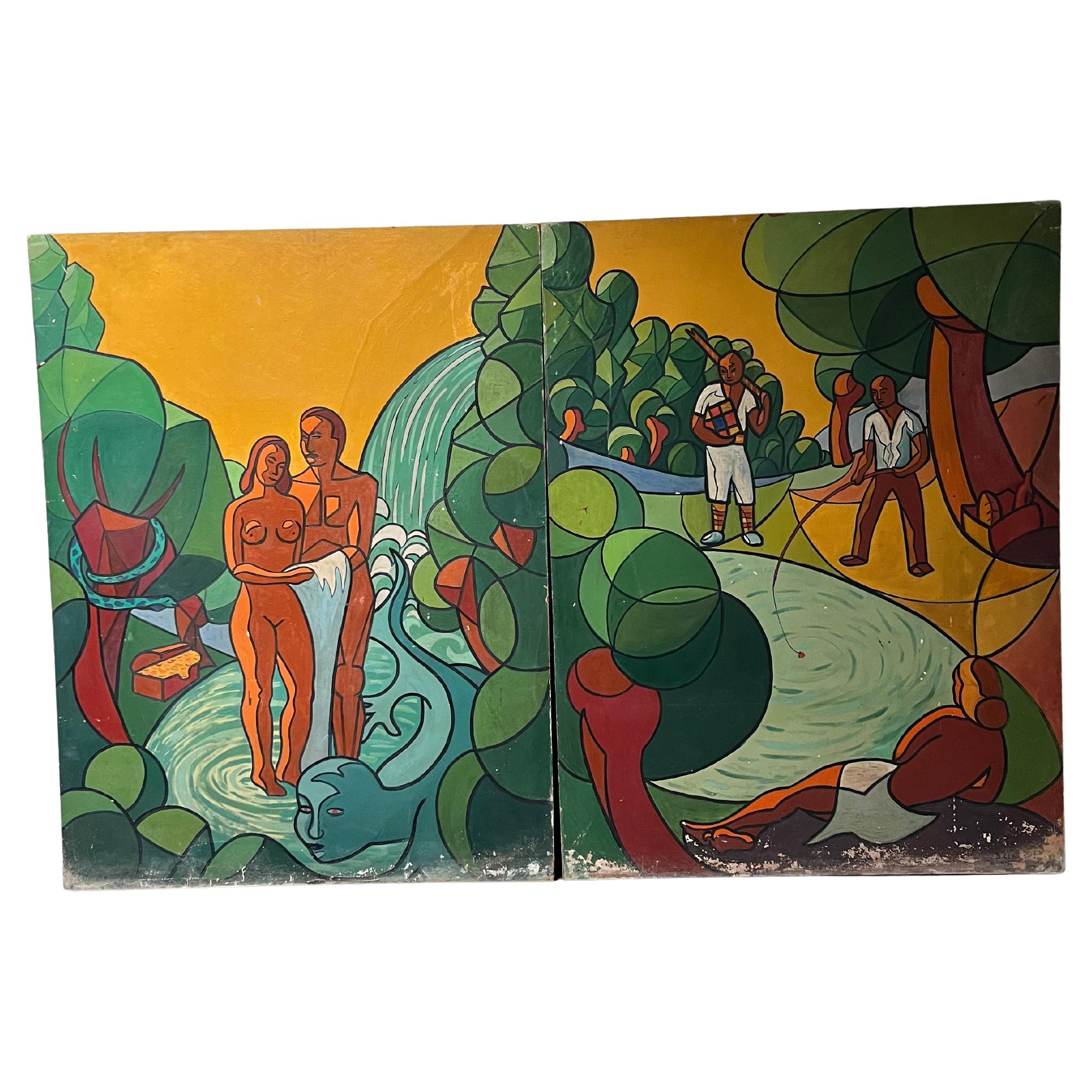 Immense diptyque 1959 huile sur panneau signé