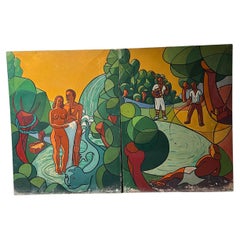 Immense diptyque 1959 huile sur panneau signé
