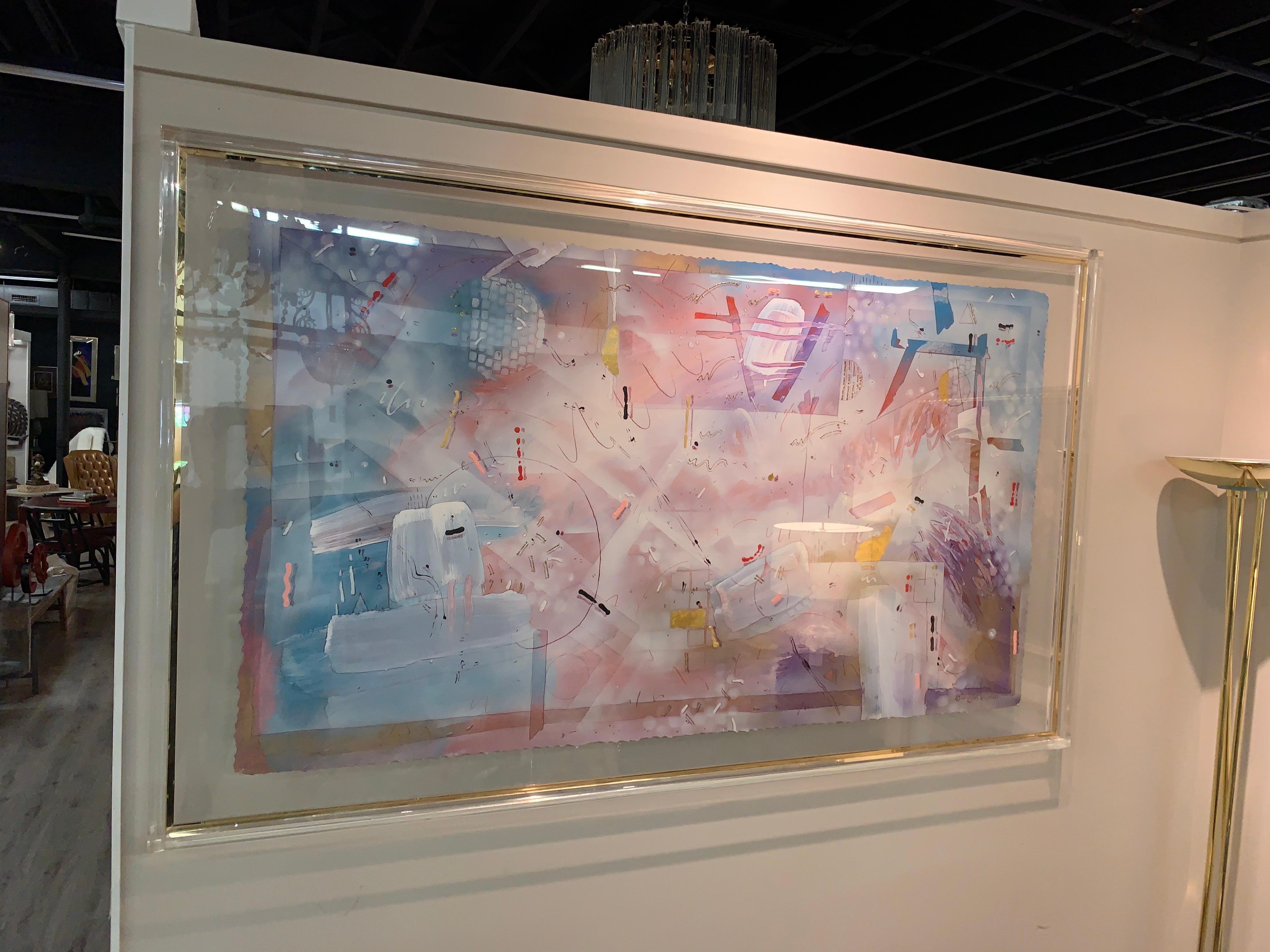 Stunning original Douglas Eisman painting in one of a kind heavy lucite and brass frame. This is a large piece measuring 74