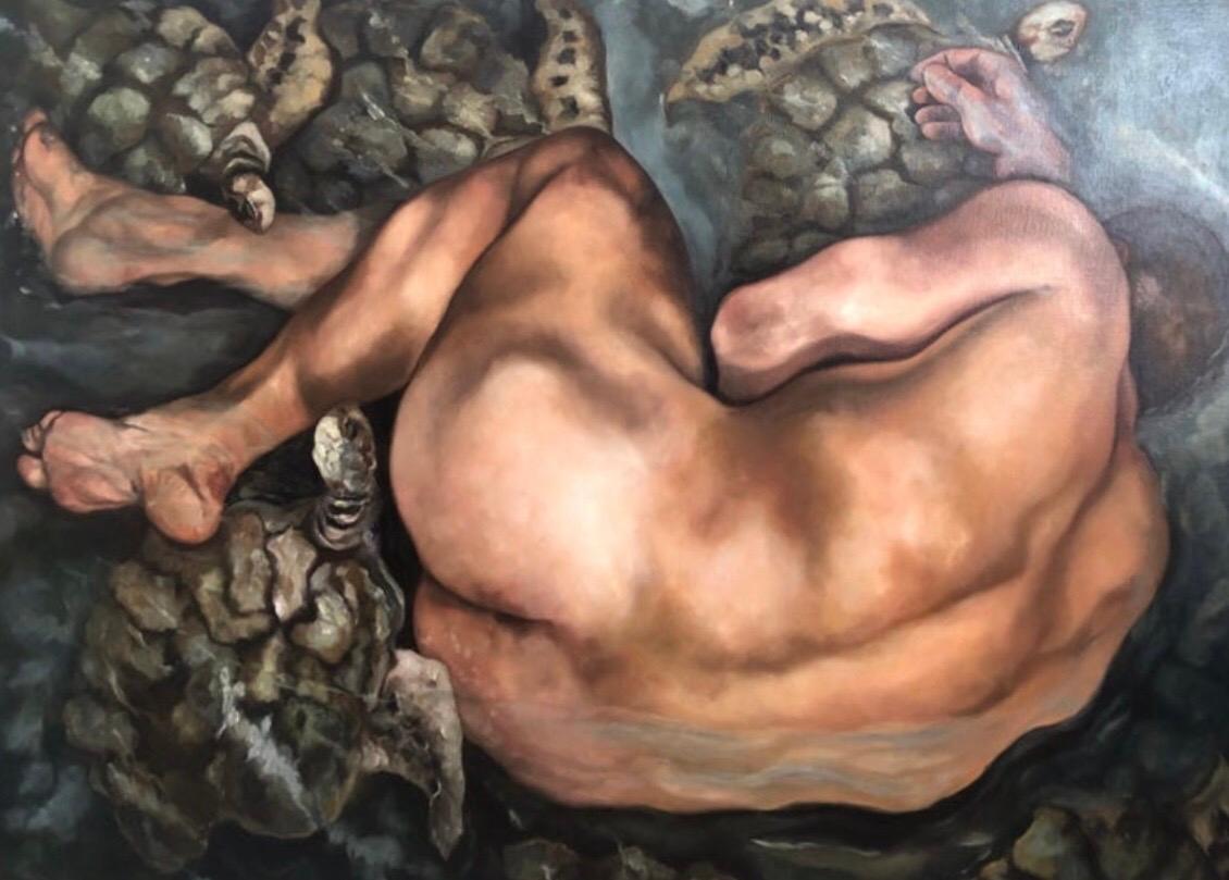 Original figural male nude oil on canvas entitled 'Immersion' by Helen Bayley of Florence, Italy. This Fine art painting is unframed and unsigned. Provenance: Morpeth Contemporary Gallery, NJ.
 
  