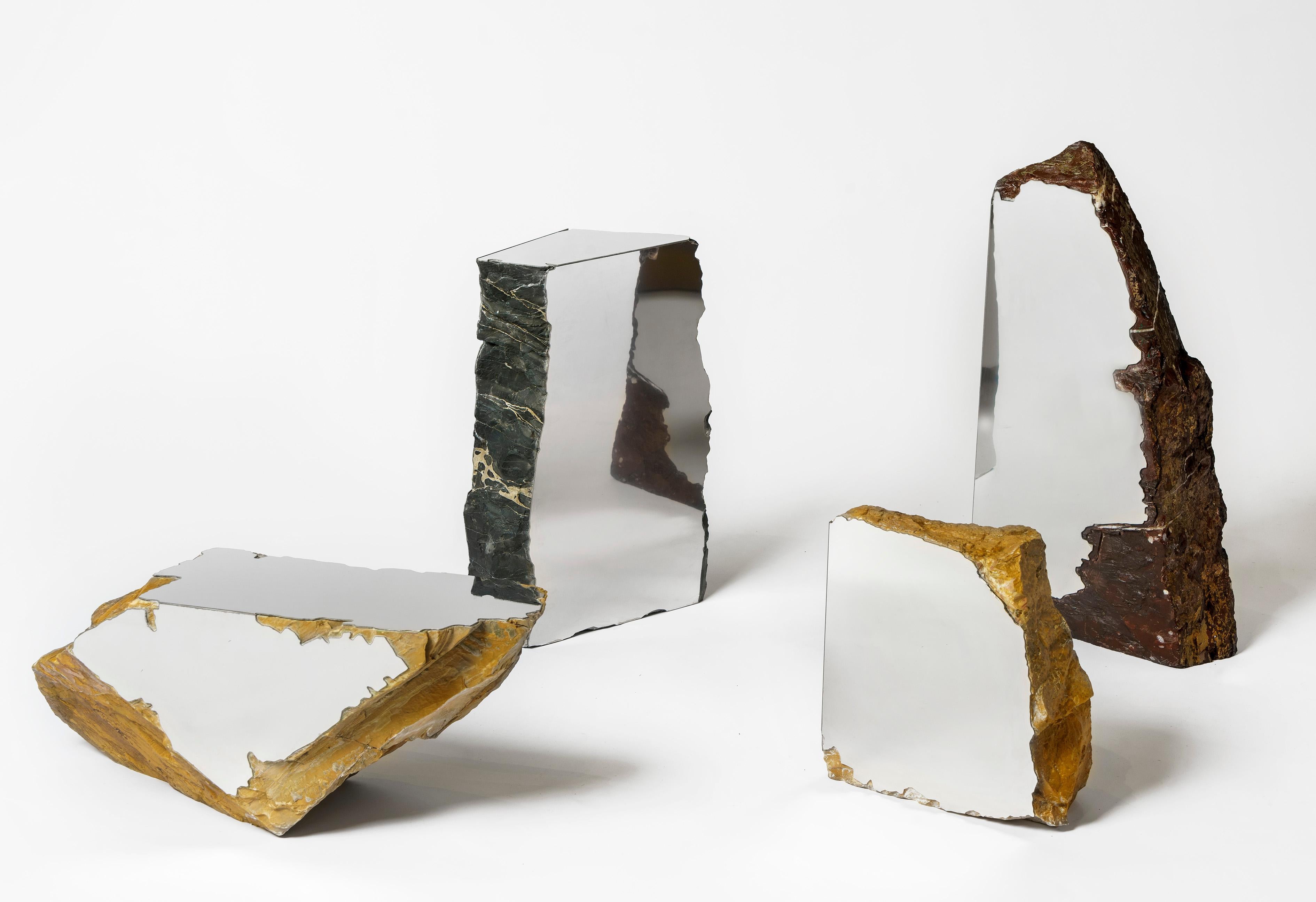 Gambi’s process is first guided by chance and intuition and then by precision and skill. He found the marble used in the collection by visiting stone yards in Carrara and searching for evocative off-cut shapes. He then translated that shape into 2D