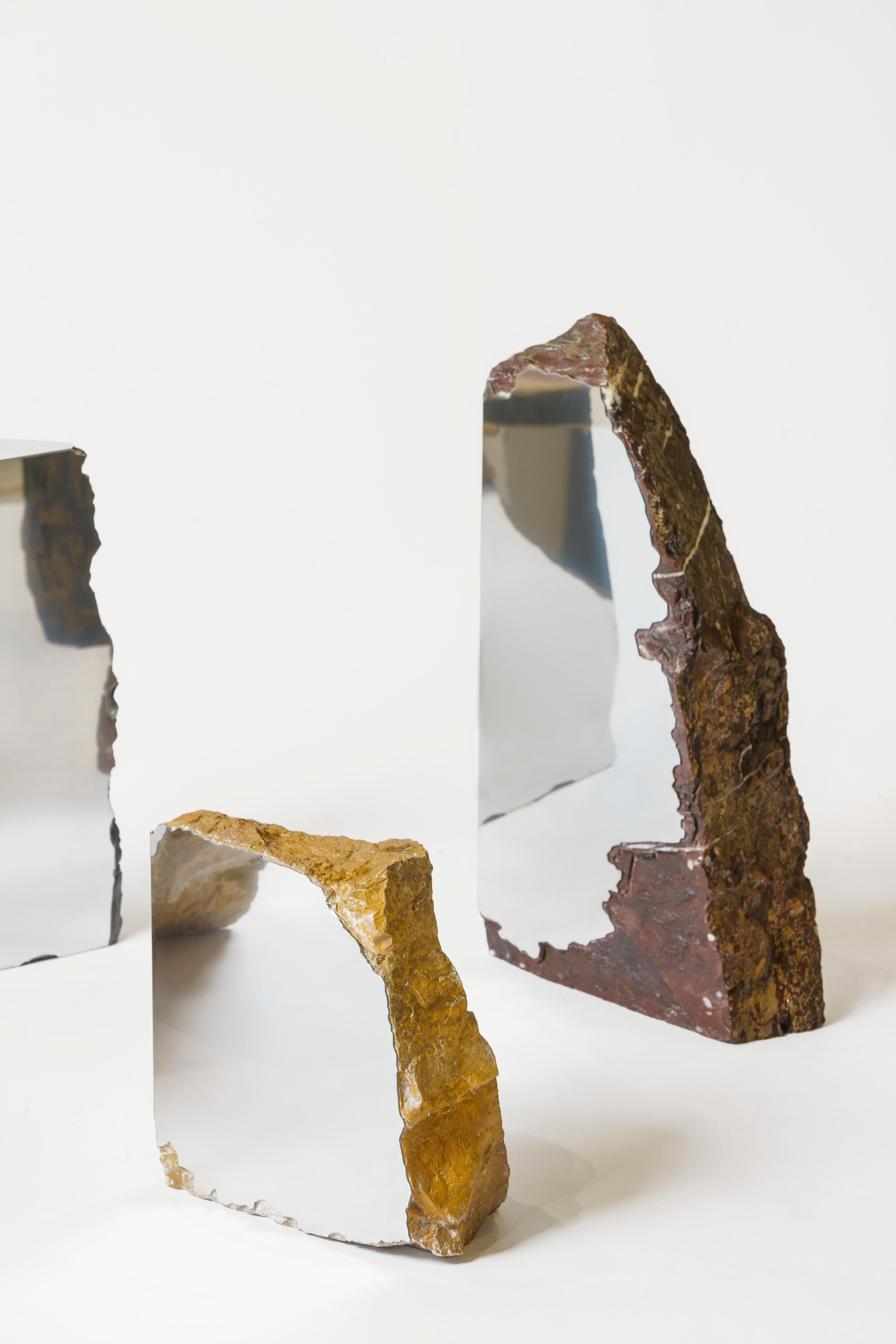 Gambi’s process is first guided by chance and intuition and then by precision and skill. He found the marble used in the collection by visiting stone yards in Carrara and searching for evocative off-cut shapes. He then translated that shape into 2D