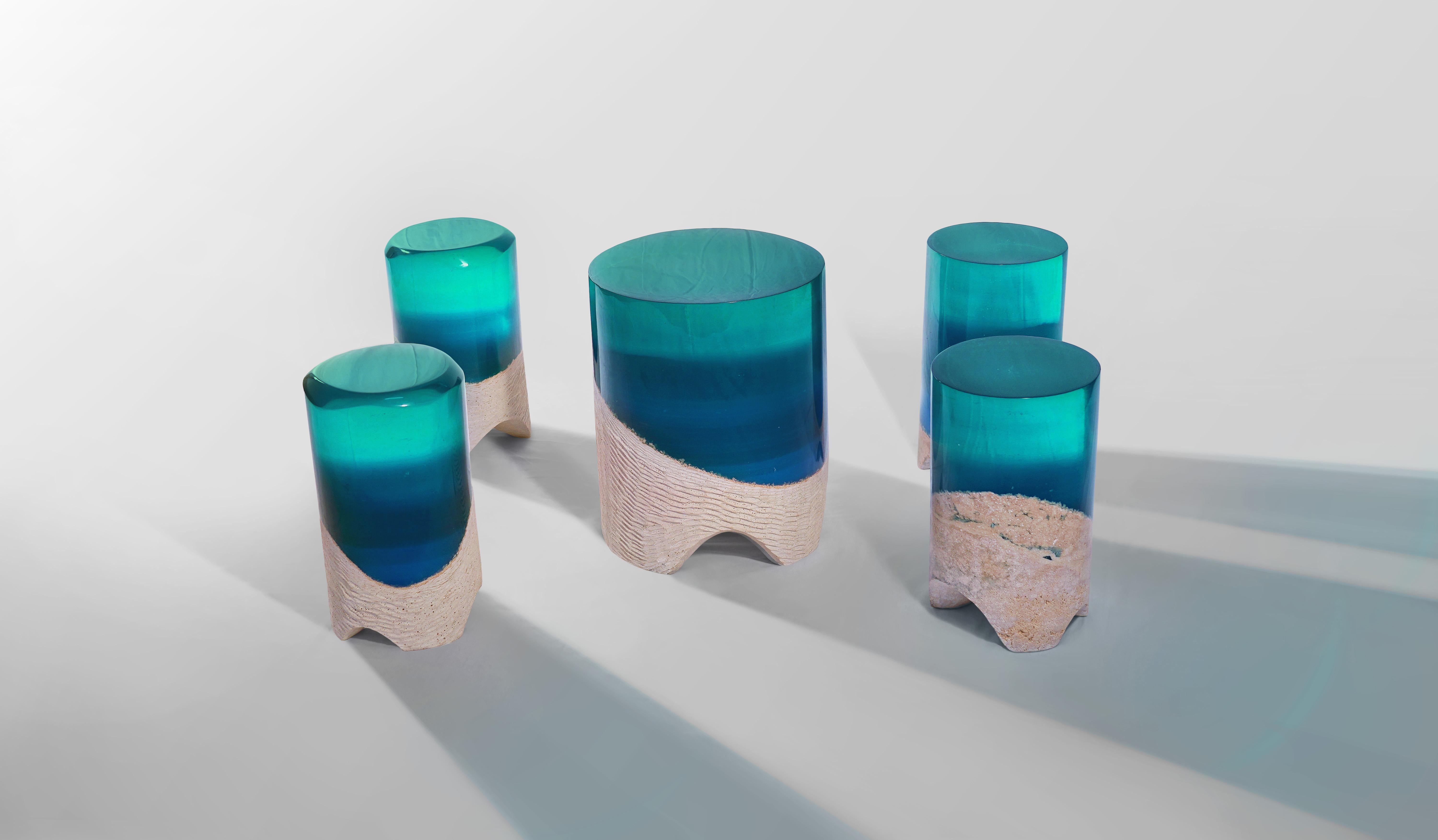 Balkan Immerso Side Table & Stool, Eduard Locota Sculptural Design with Resin & Marble For Sale