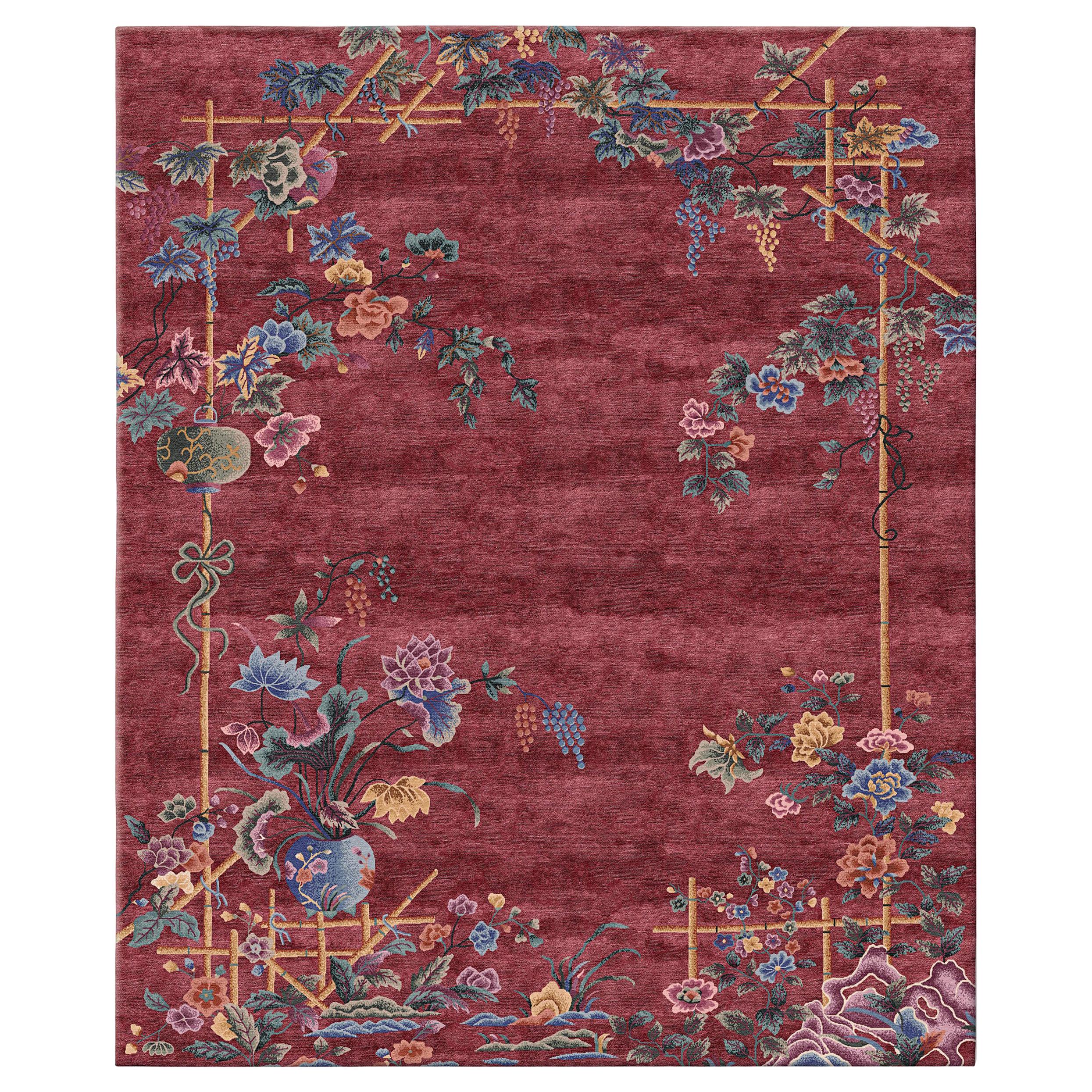 Floral Traditional Hand Knotted Wool Silk Rug - Immortality Grove Emperors Red For Sale