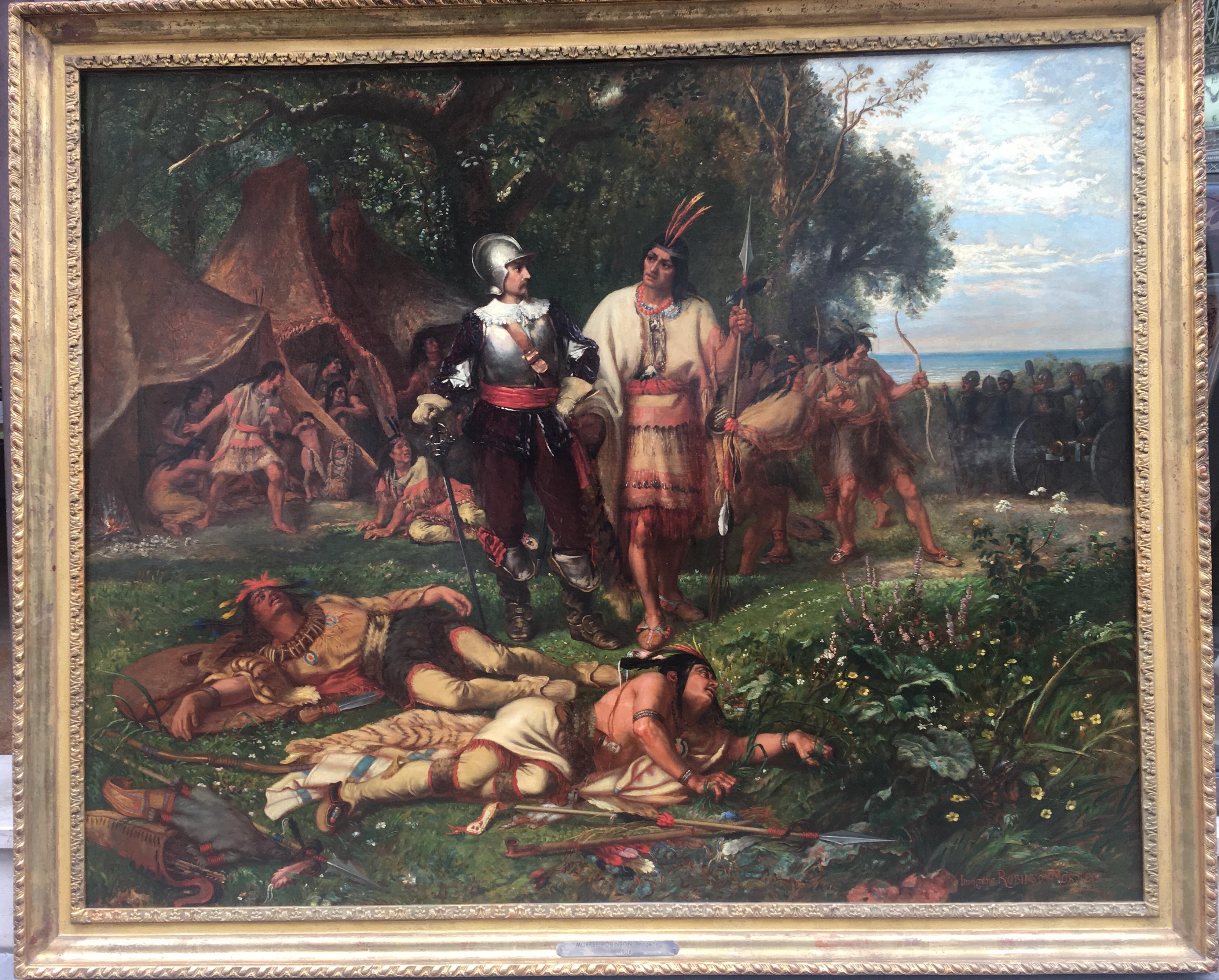 Erste Schlacht zwischen den Puritanen und den amerikanischen Ureinwohnern, Öl auf Leinwand 1874 – Painting von Imogene Robinson Morrel