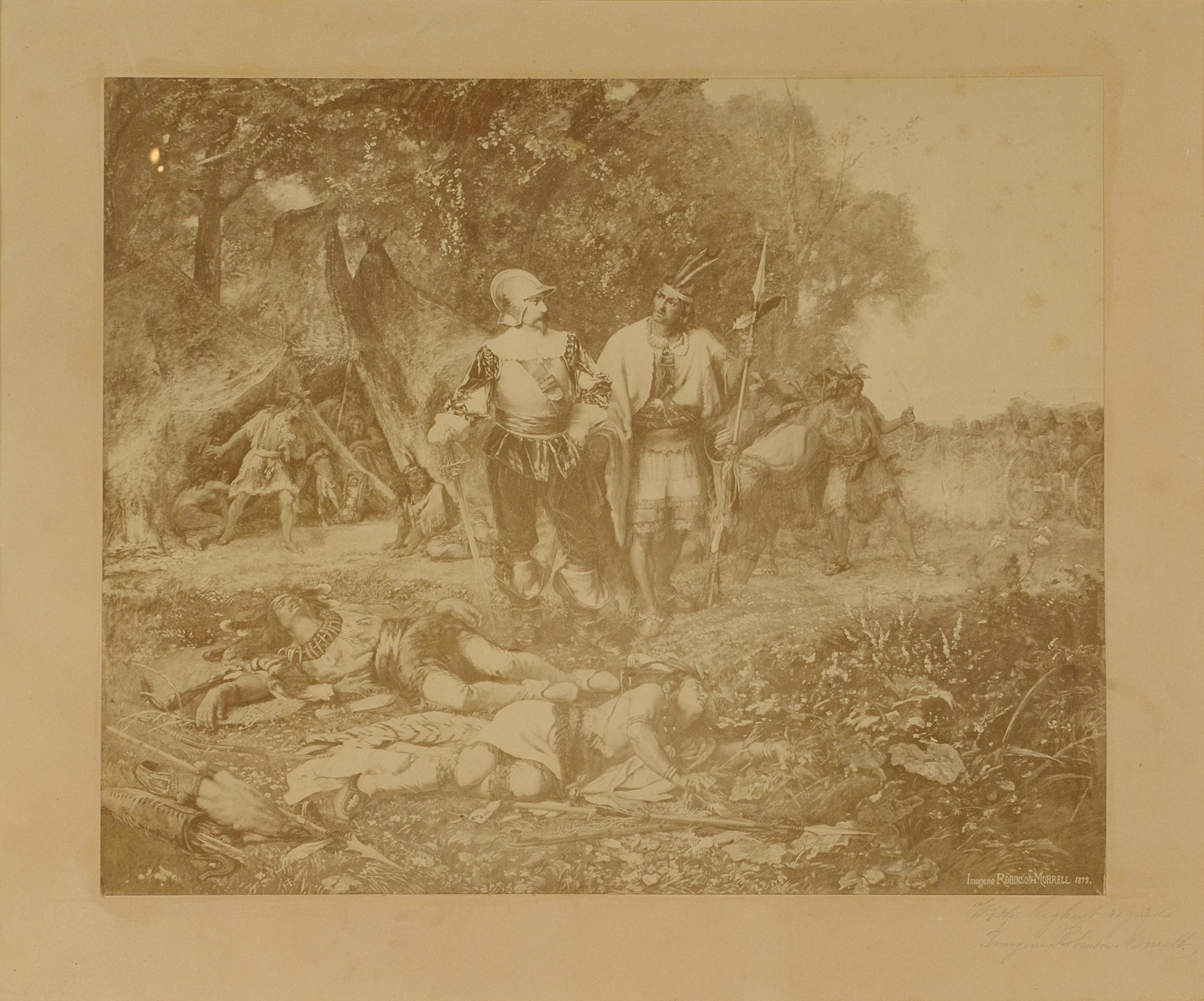 Première bataille entre les puritains et les amérindiens, huile sur toile 1874 - Académique Painting par Imogene Robinson Morrel