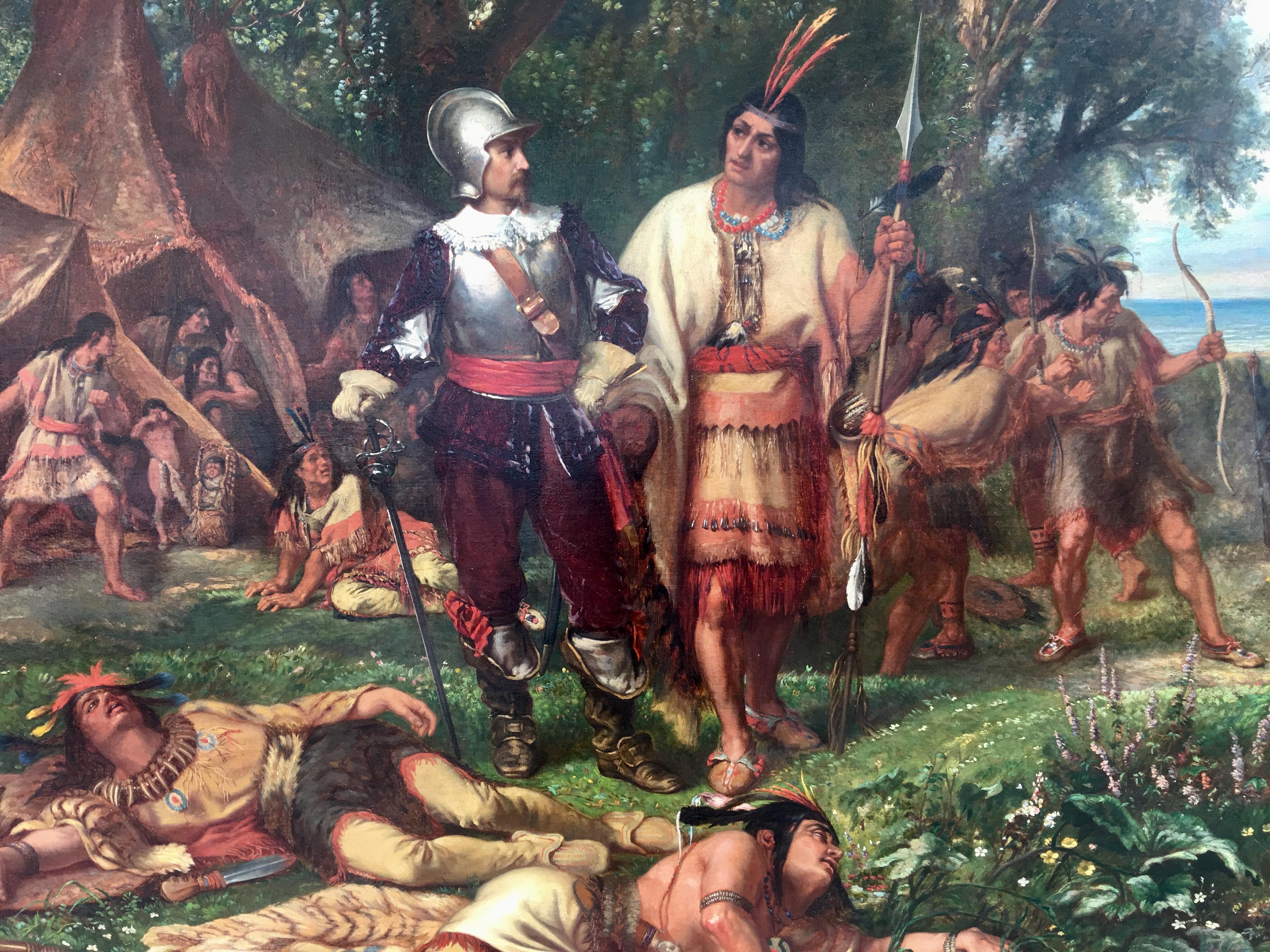 Première bataille entre les puritains et les amérindiens, huile sur toile 1874 en vente 1