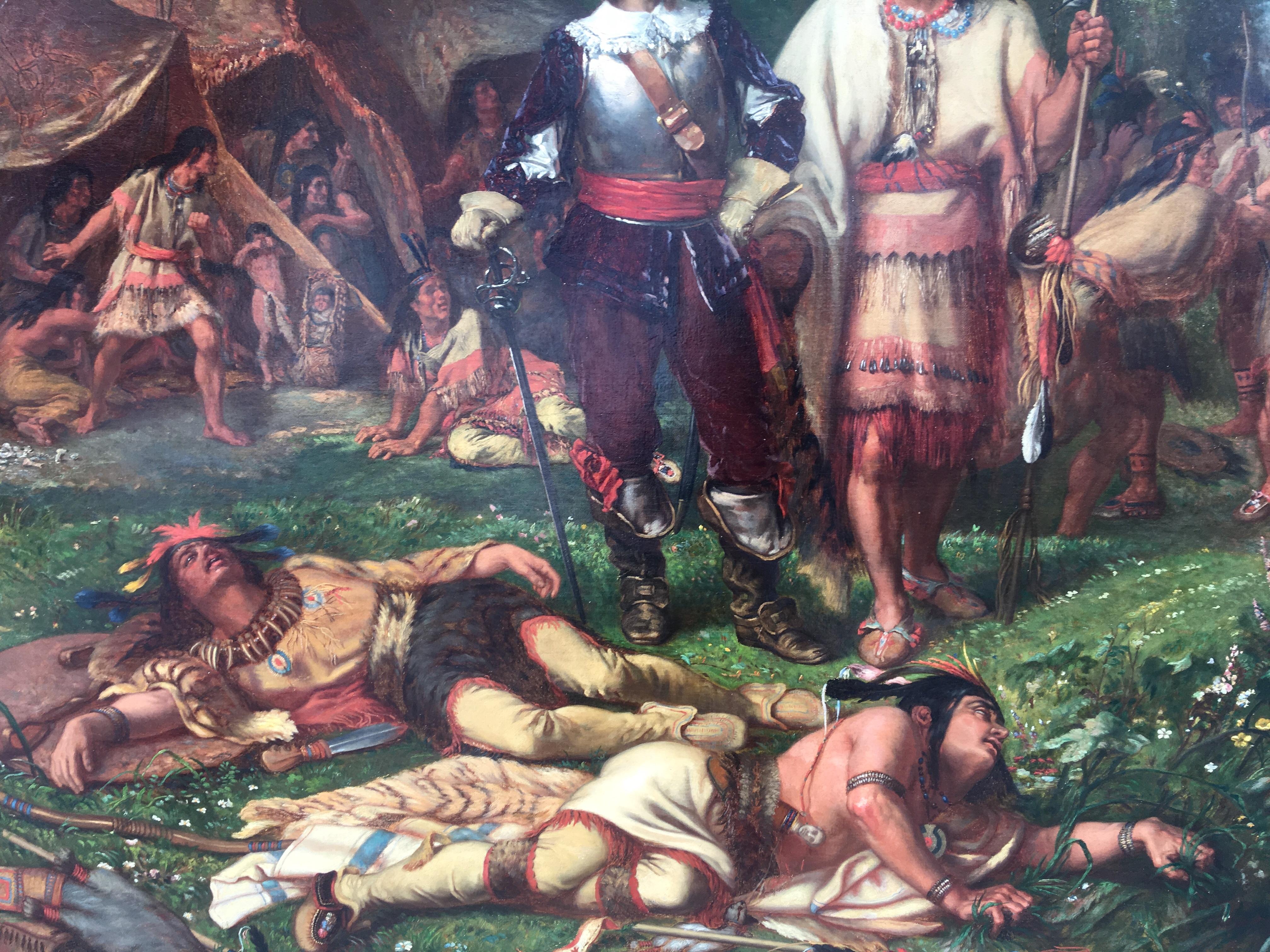 Première bataille entre les puritains et les amérindiens, huile sur toile 1874 en vente 3
