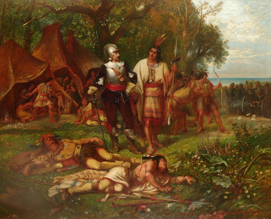 Imogene Robinson Morrel Figurative Painting – Erste Schlacht zwischen den Puritanen und den amerikanischen Ureinwohnern, Öl auf Leinwand 1874