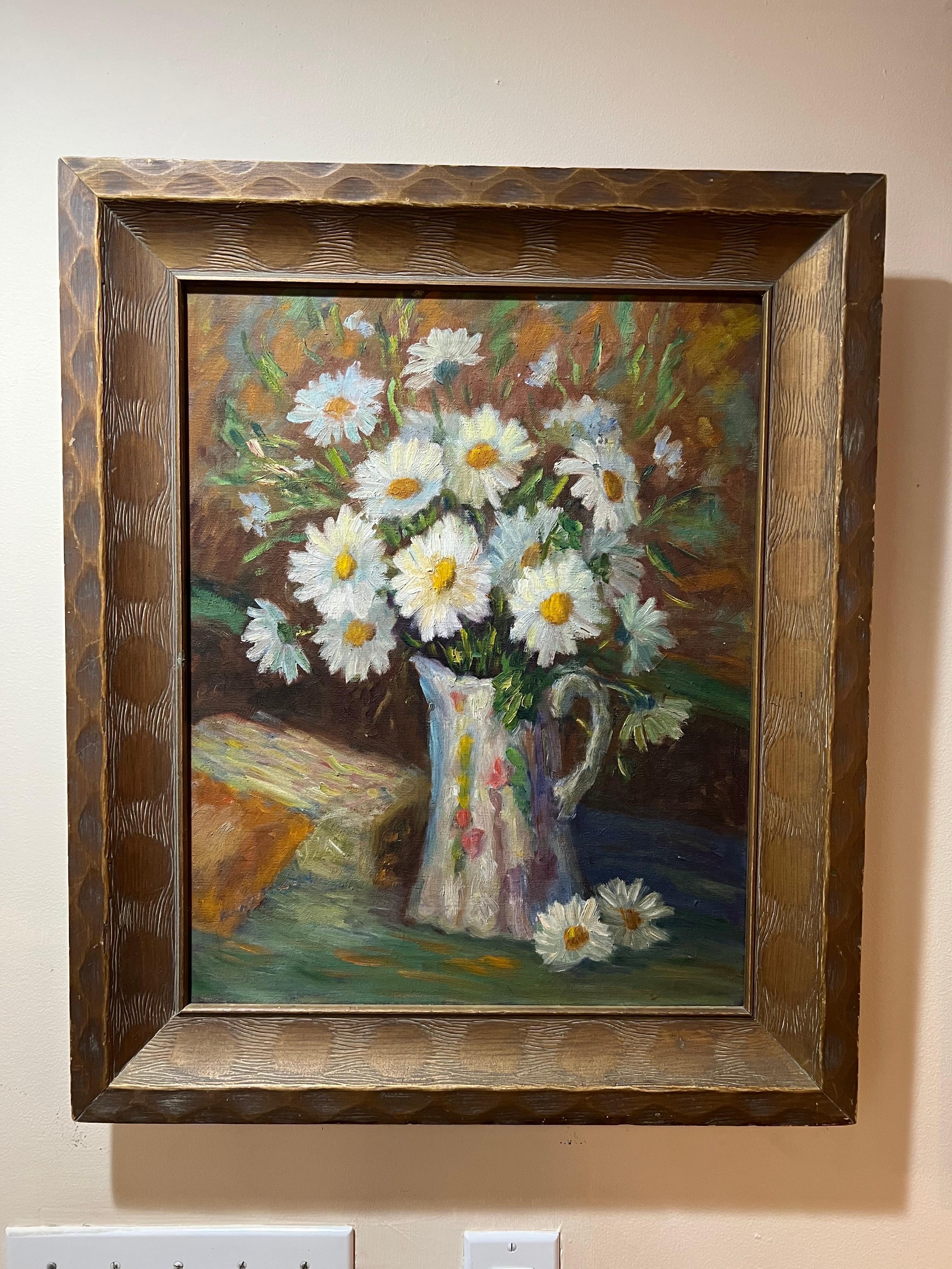 Impasto Impressionist painting in the style of Vincent Van Gogh. Gorgeous still life composition of Daisies. Housed in a solid wooden frame by Heirloom. Impressionist in style with heavy impasto style. Signed but illegible. Domestic parcel shipping