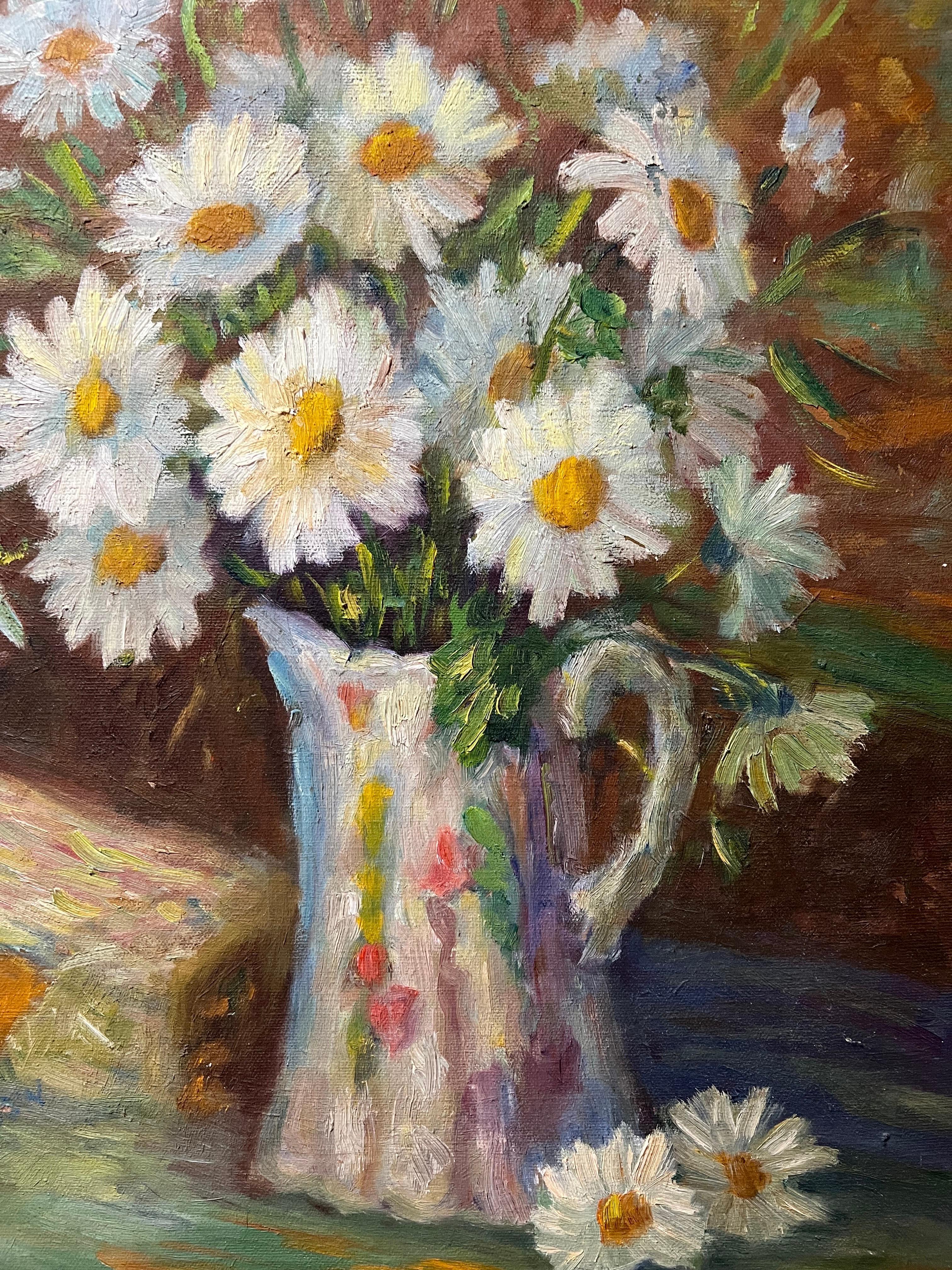 Arts and Crafts Impasto Impressionistic Painting of Daisies on the Style of Van Gogh For Sale