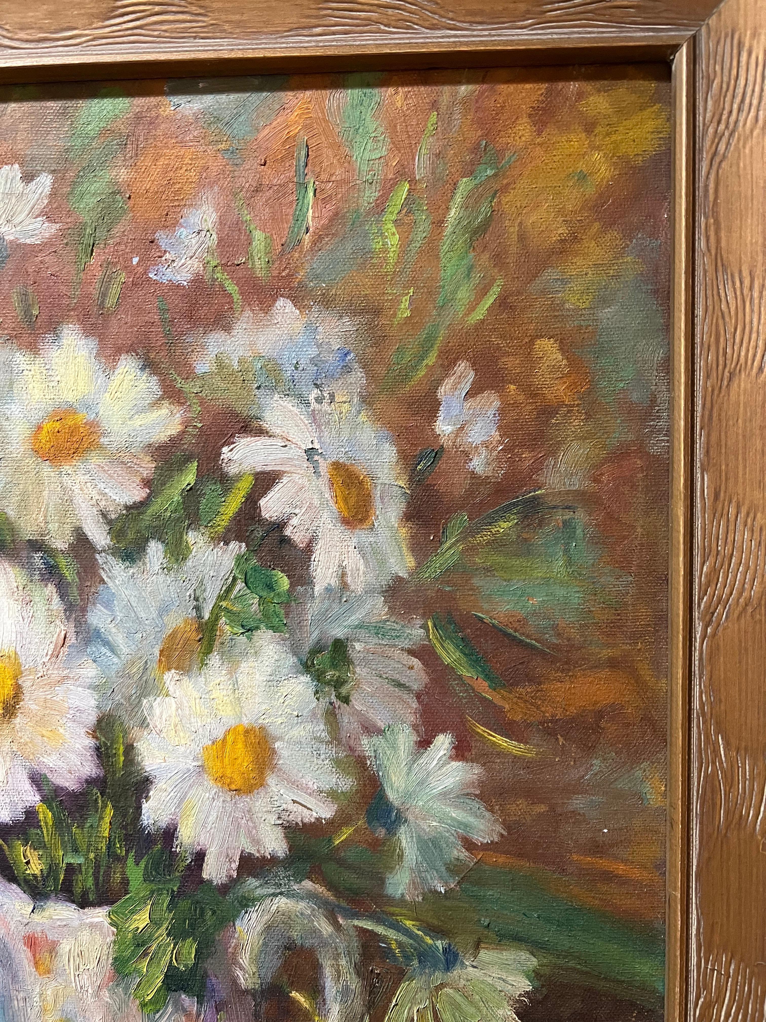 Impasto Impressionistic Painting of Daisies on the Style of Van Gogh In Good Condition For Sale In Redding, CT