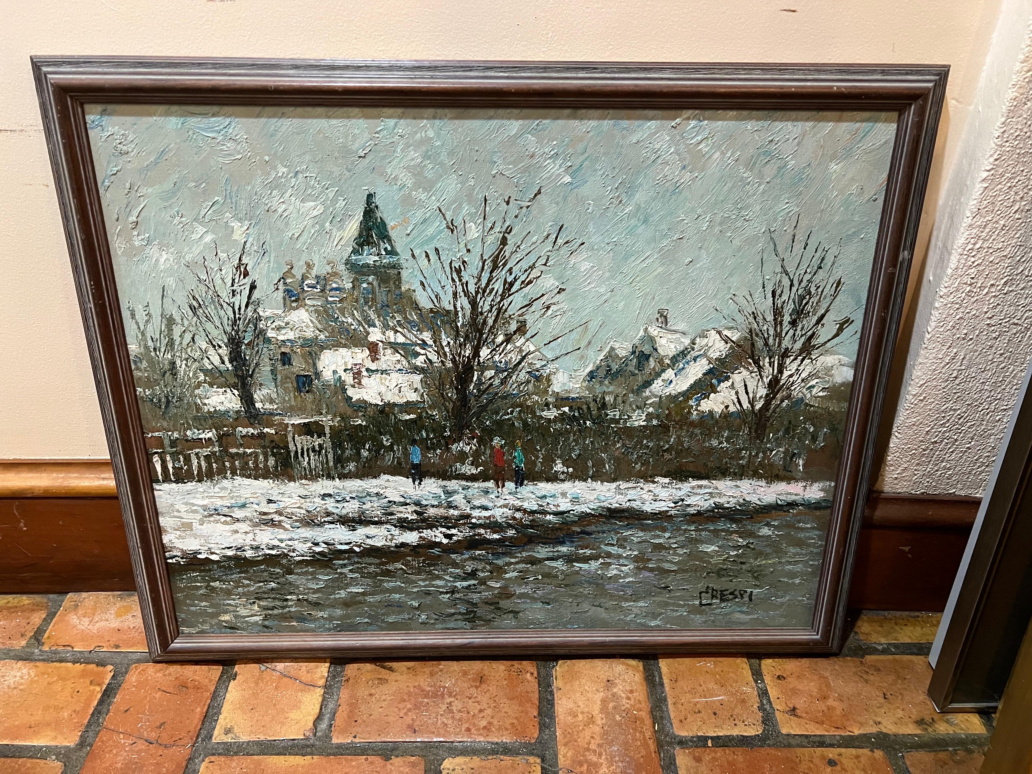 Impasto scène d'hiver huile sur toile de l'Artiste Américain David Crespi (1928-1992)
Impasto lourd d'un village dans la neige. Technique du couteau à palette.
