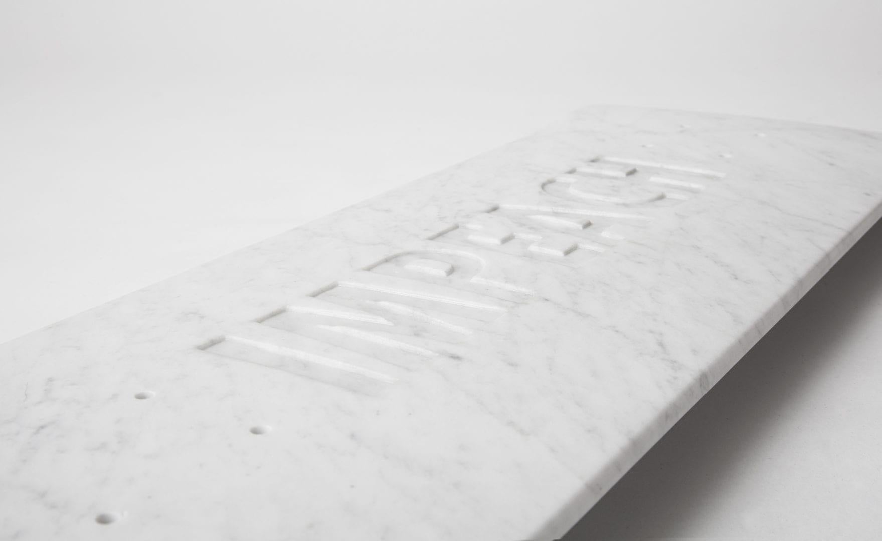 The Skateroom with Jenny Holzer
One skateboard deck
Solid marble with engraving
Measures: 31 H. x 8 inches
Mounting hardware included
Edition of 25
Top print includes printed signature of the artist
Hand-signed COA included

This skateboard