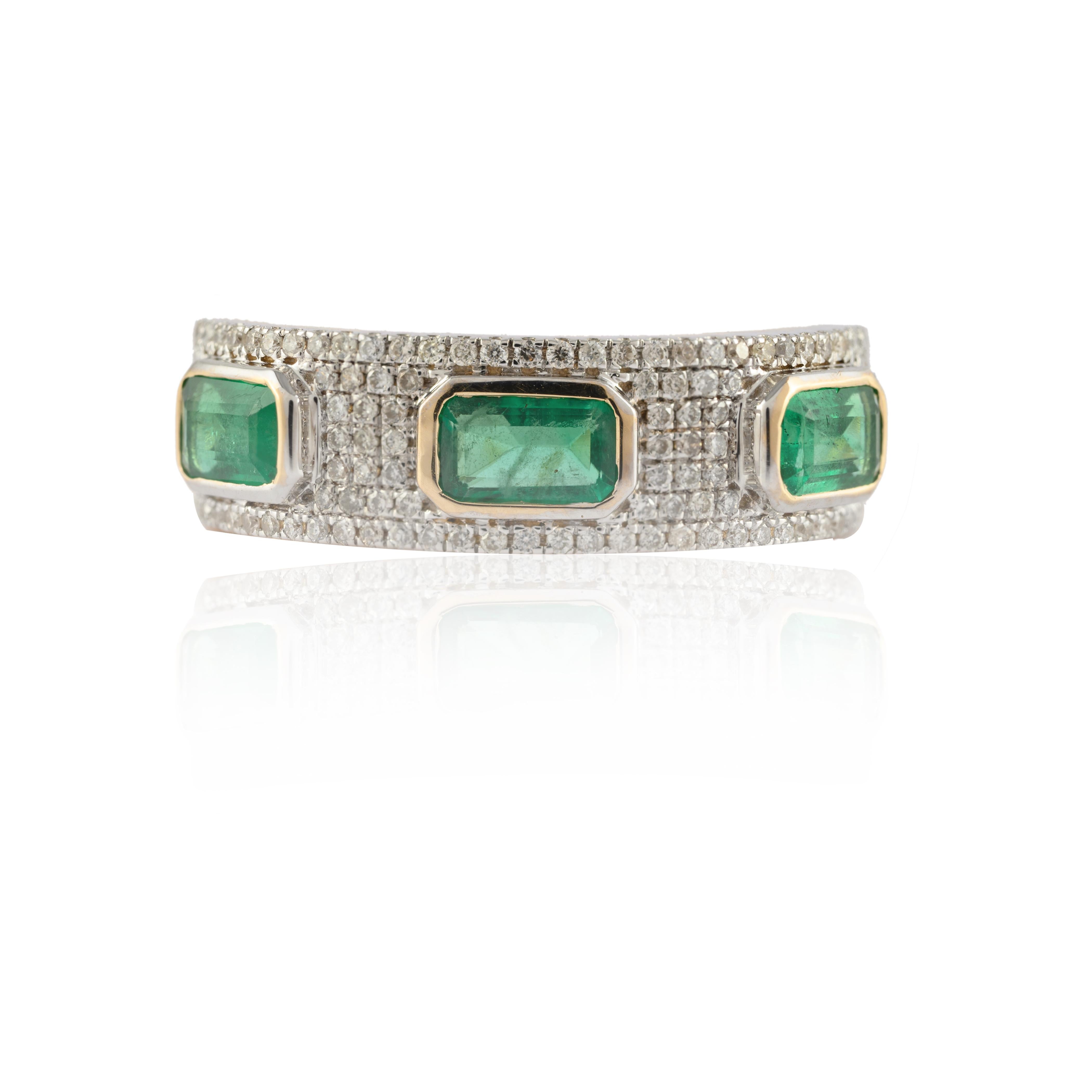 For Sale:  Impeccable 14k Yellow Gold Three Stone Emerald and Diamond Engagement Ring 2